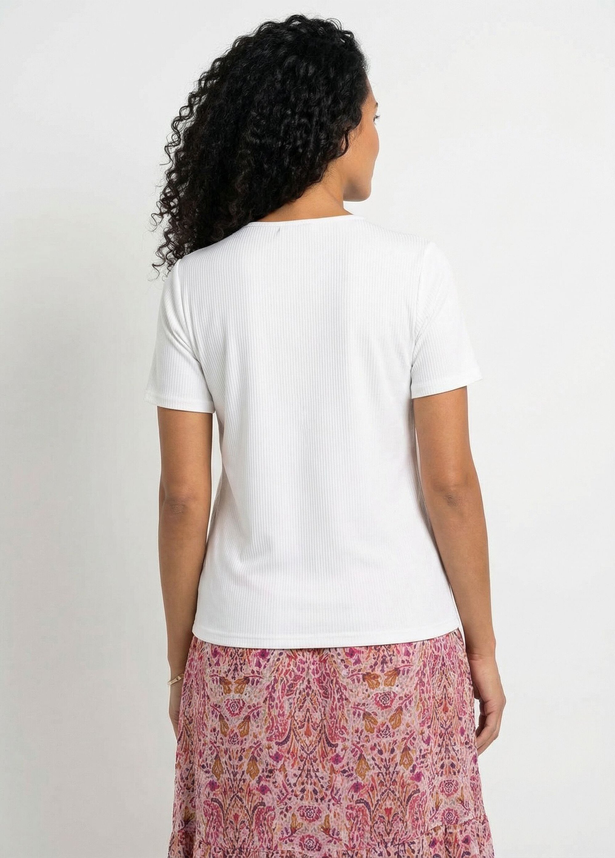 T-shirt col V maille côtelée boutons dorés Femme Blanc CALANTIA DO1