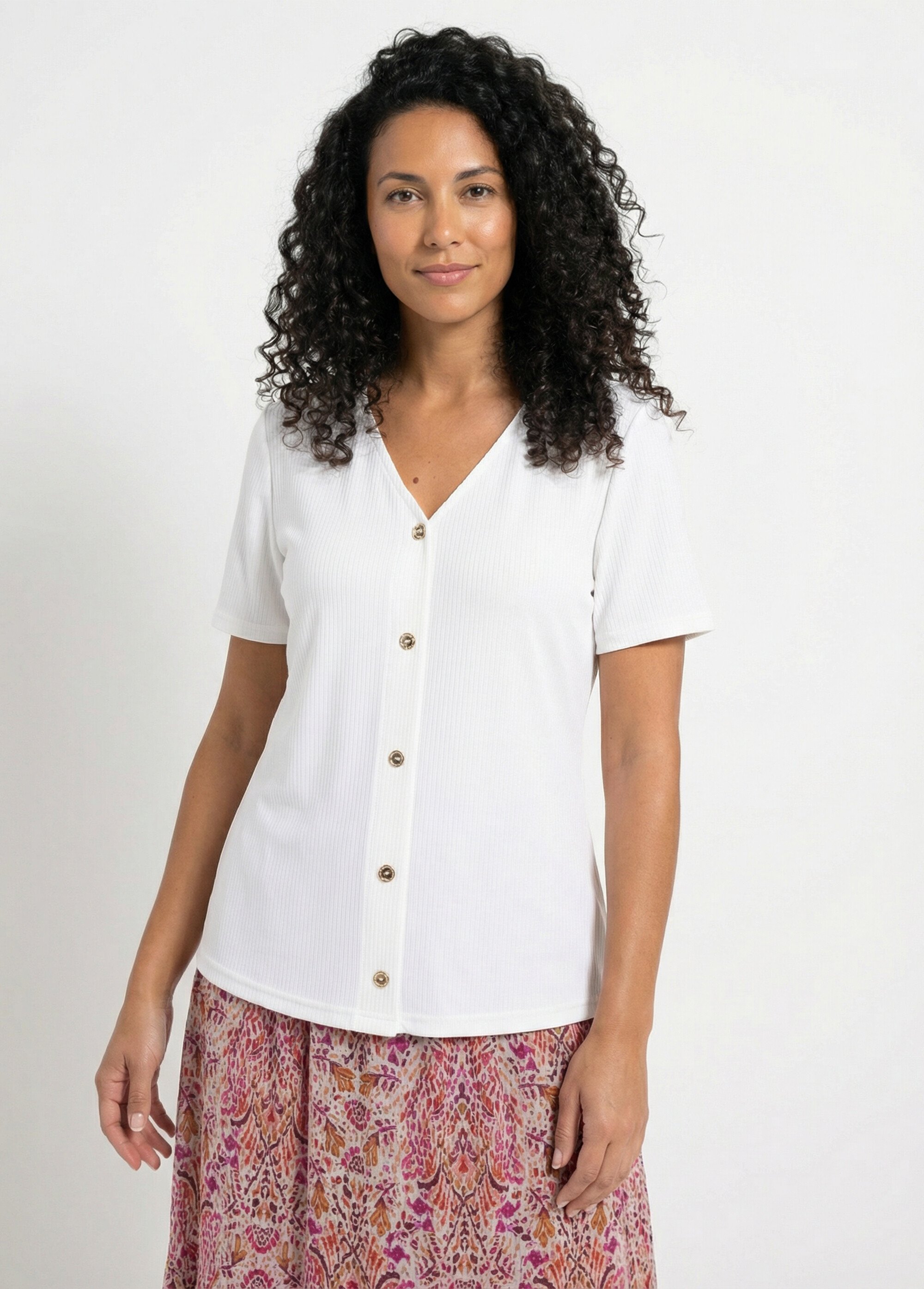 T-shirt col V maille côtelée boutons dorés Femme Blanc CALANTIA FA1