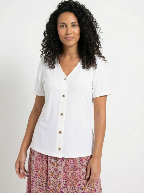 T-shirt col V maille côtelée boutons dorés Femme Blanc CALANTIA FA1