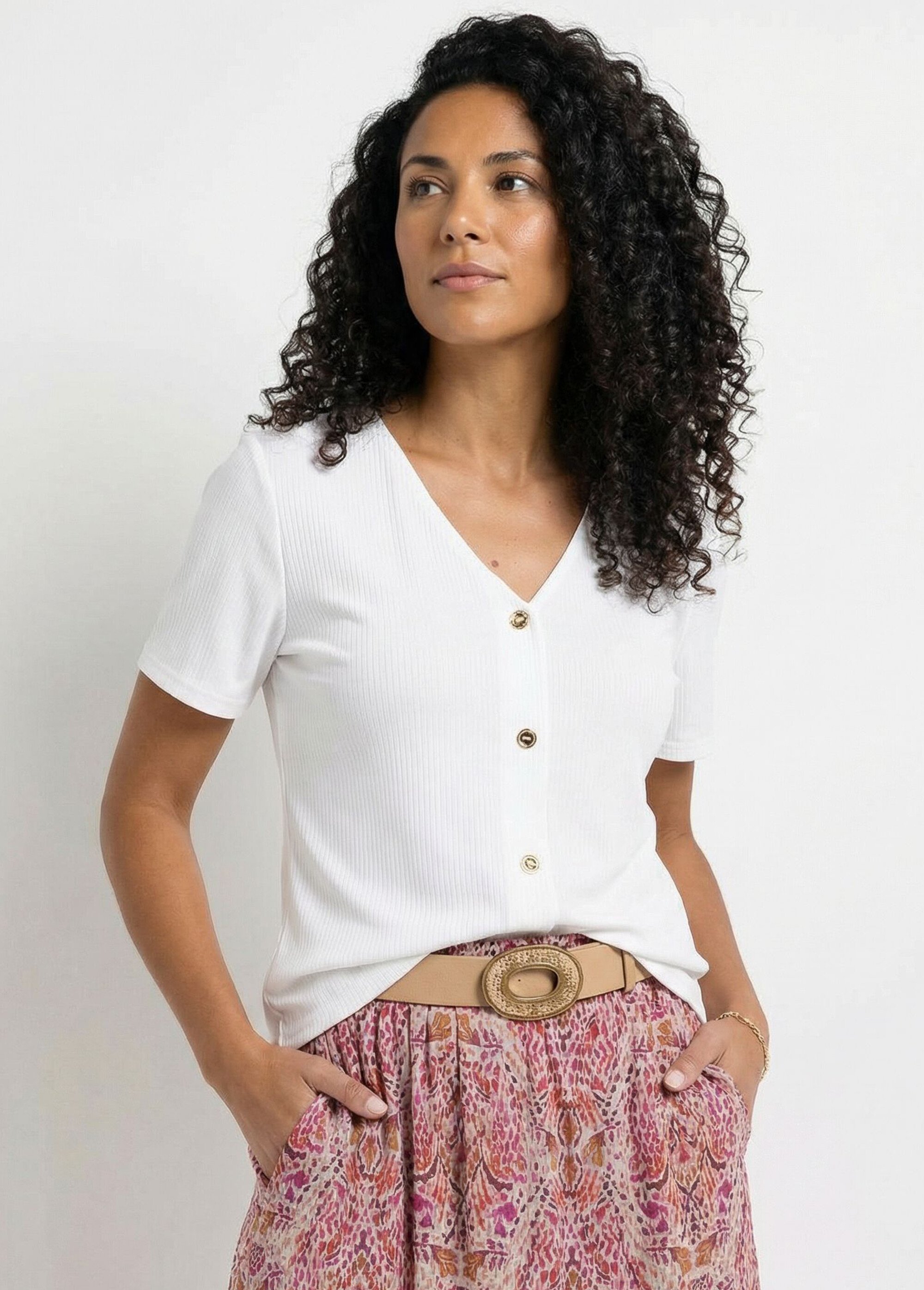 T-shirt col V maille côtelée boutons dorés Femme Blanc CALANTIA MV1