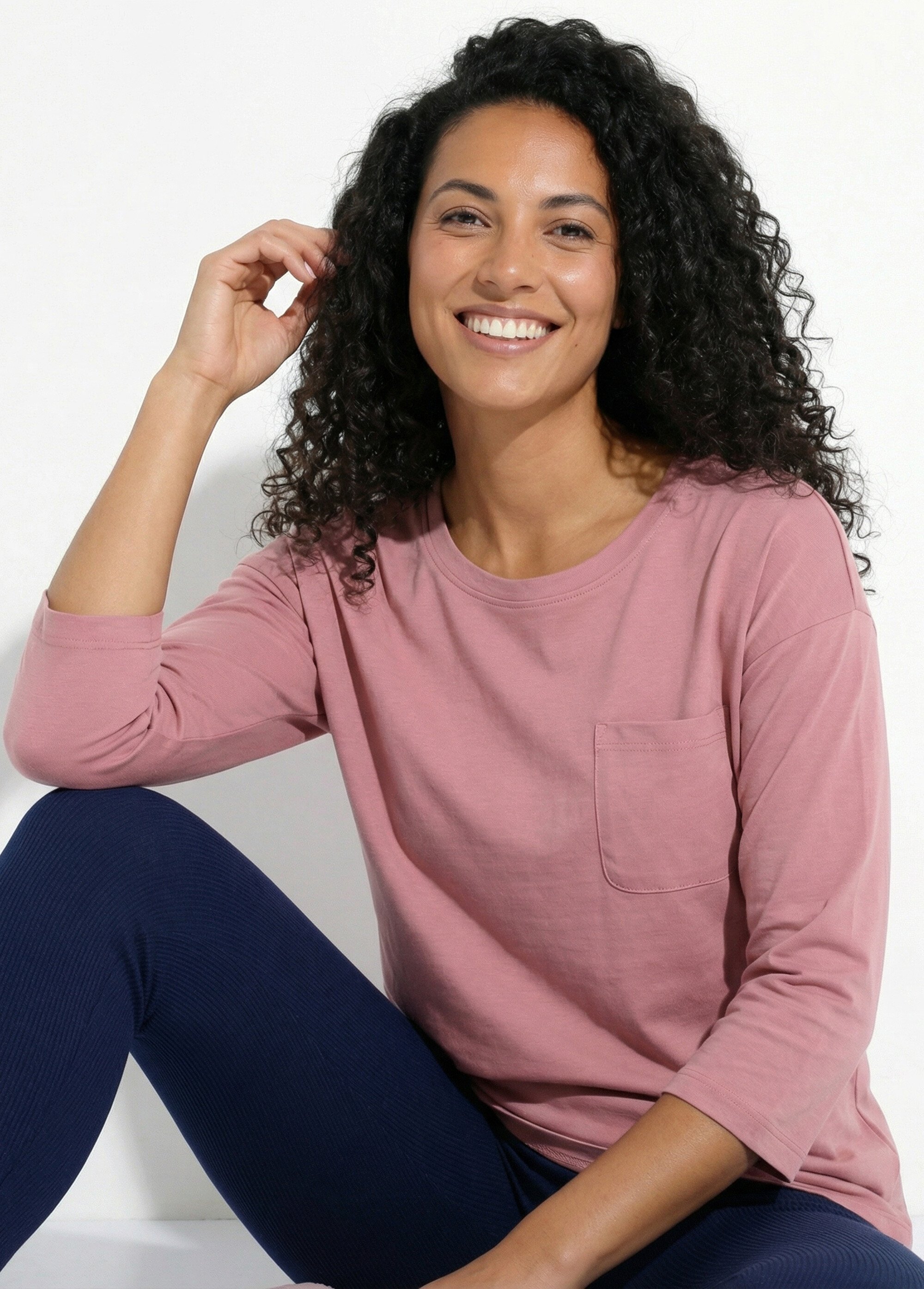 T-shirt coton uni col rond manches 3/4 Femme Rose CLAVIO MV1