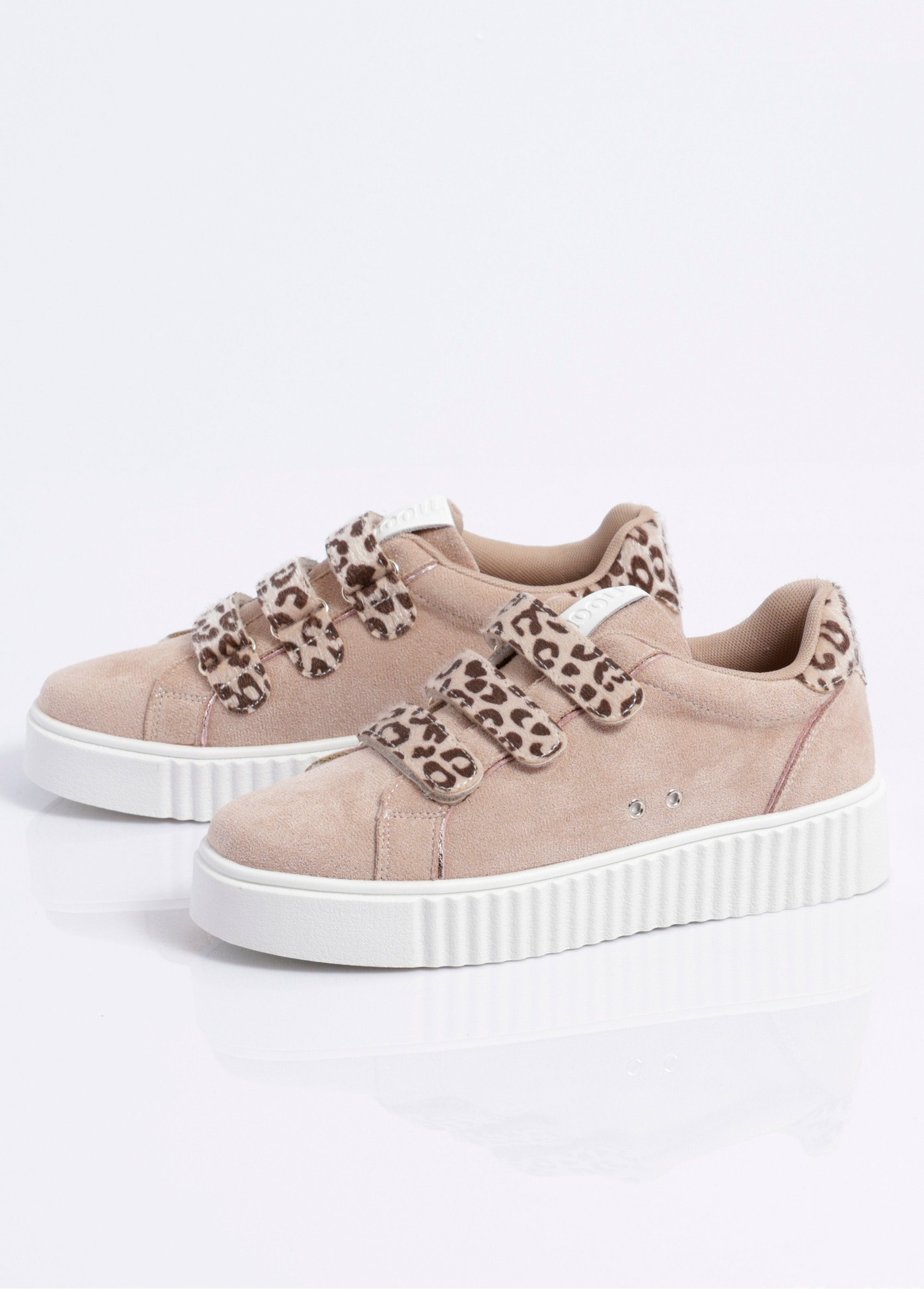 Baskets à scratchs, suédine et léopard Femme Beige MYSKP5016 DE1