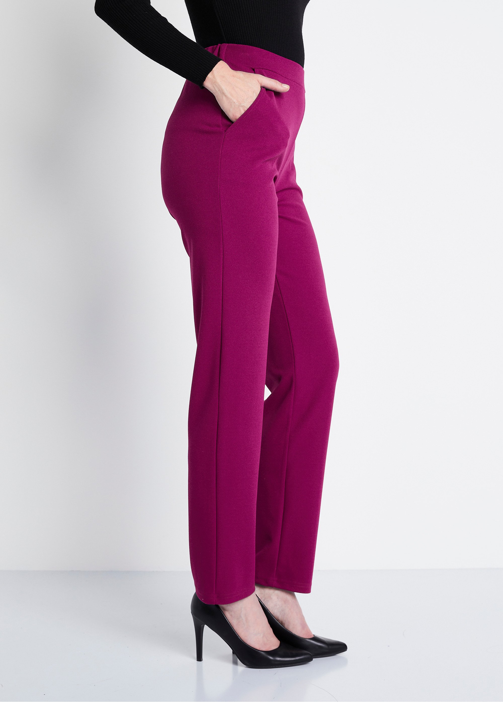 Pantalon droit taille élastiquée maille crêpe Femme Violet NOUBY DR1