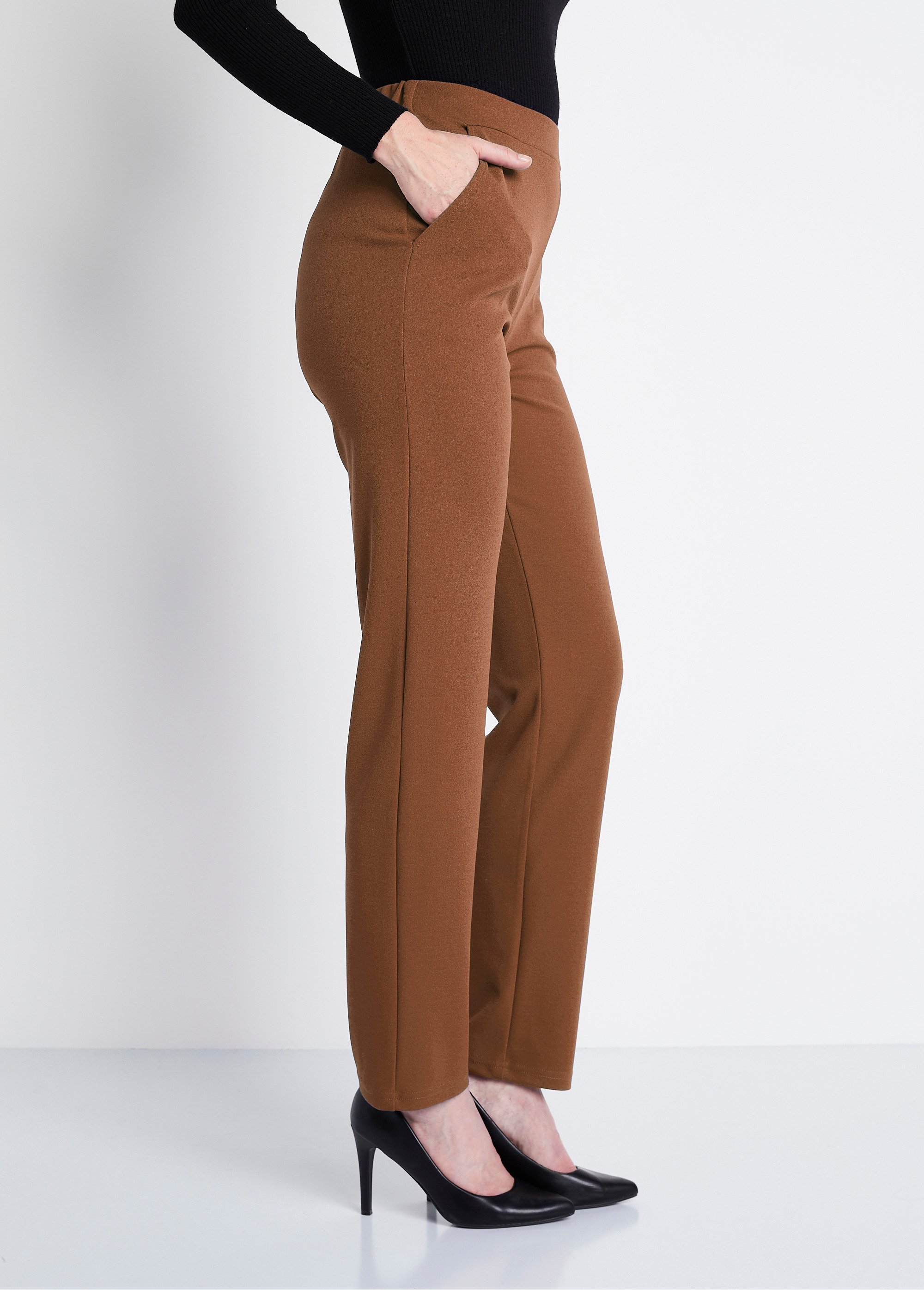 Pantalon droit taille élastiquée maille crêpe Femme Marron NOUBY DR1