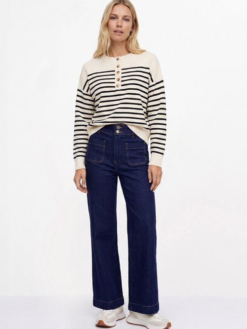 Pull à rayures avec col rond boutonné Femme Blanc IA-AR1163 SI1
