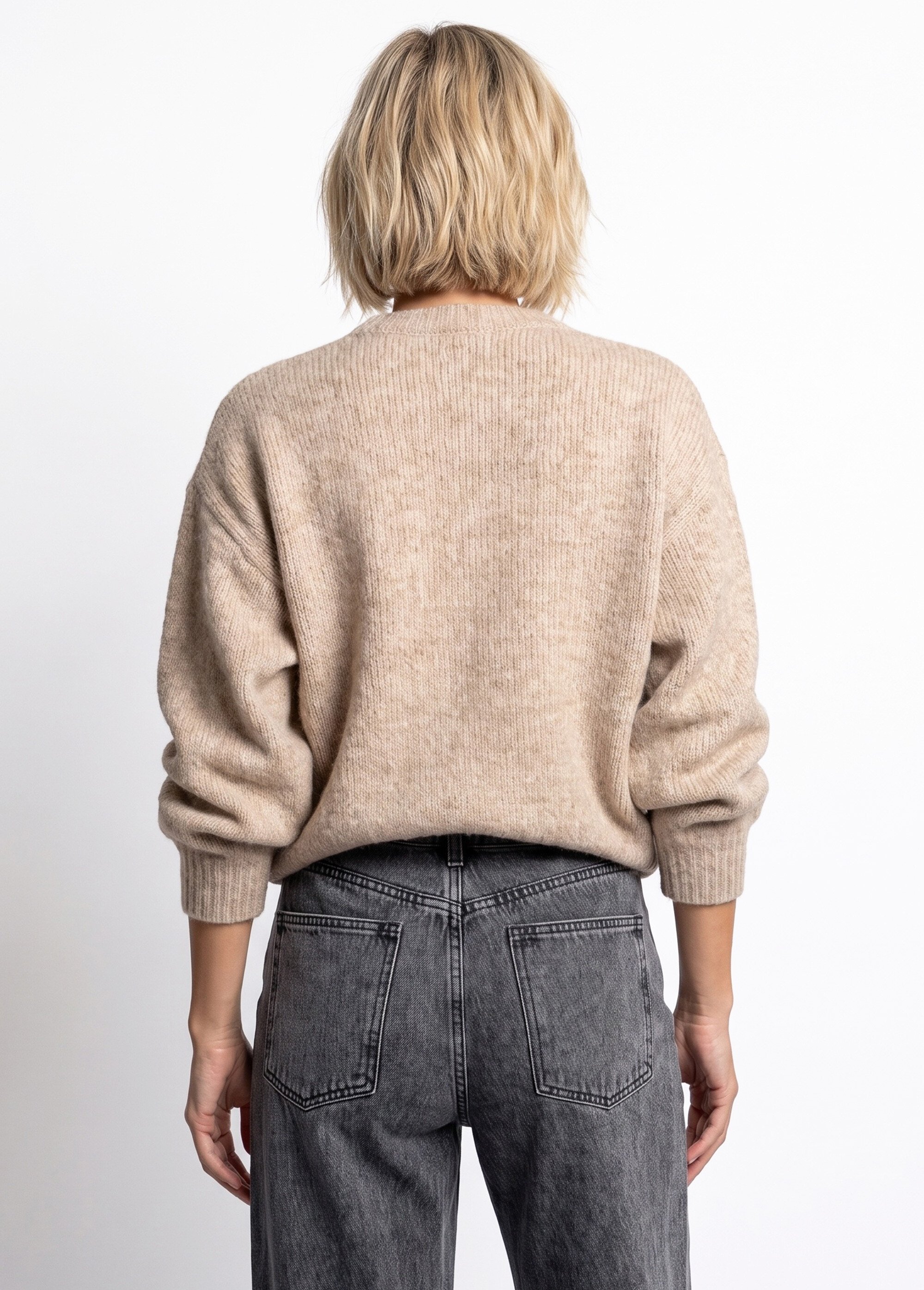 Pull avec laine, col rond boutons métal Femme Beige IA-AR1181 DO1