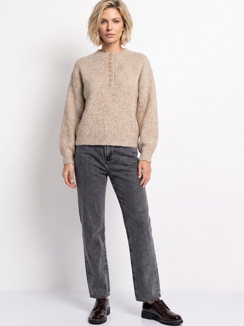Pull avec laine, col rond boutons métal Femme Beige IA-AR1181 SI1