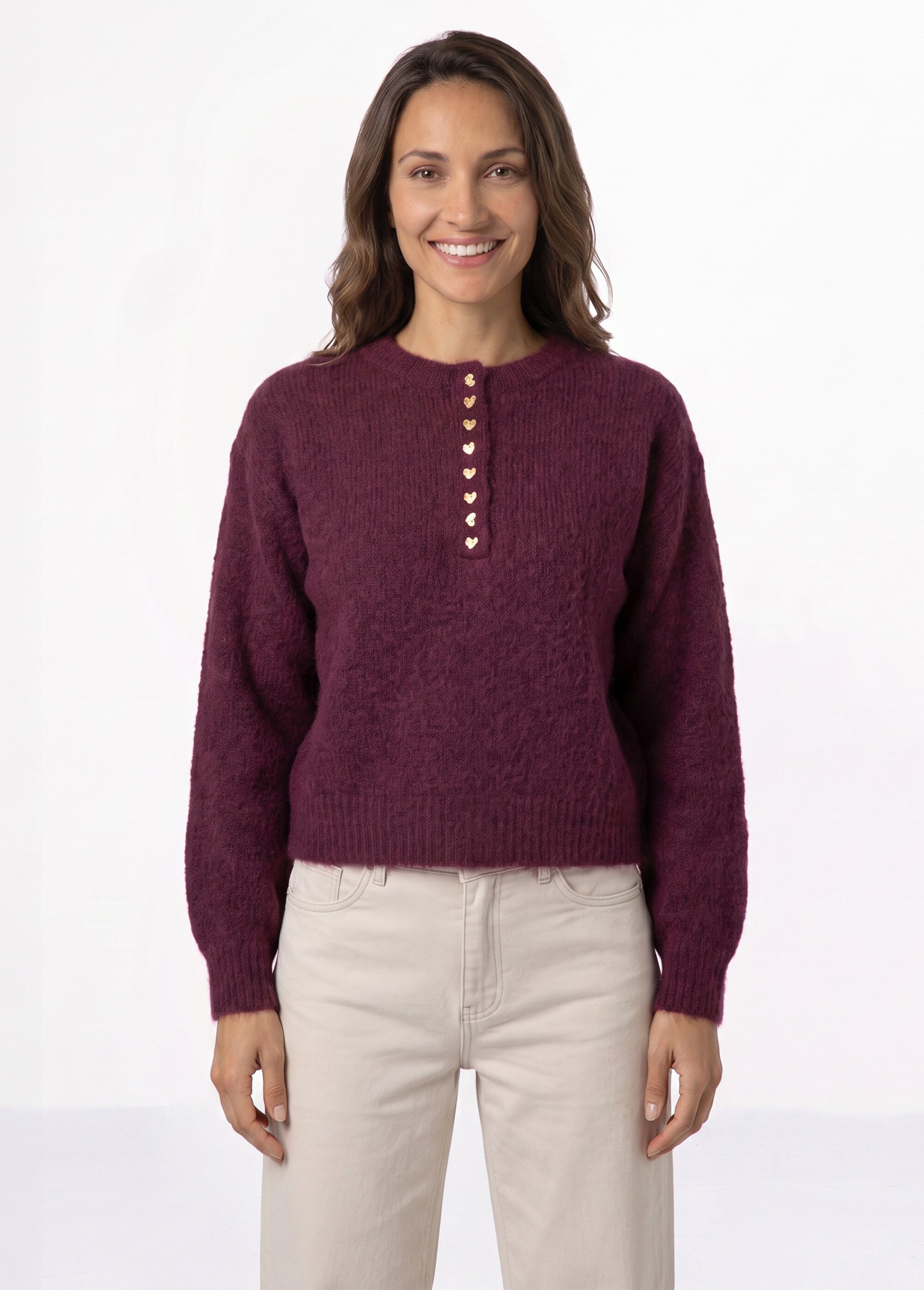 Pull avec laine, col rond boutons métal Femme Rouge IA-AR1181 FA1