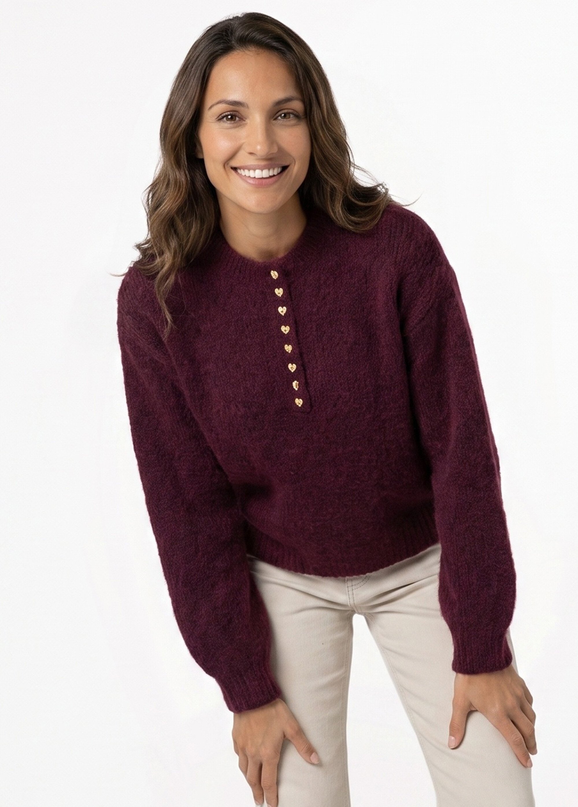 Pull avec laine, col rond boutons métal Femme Rouge IA-AR1181 MV1
