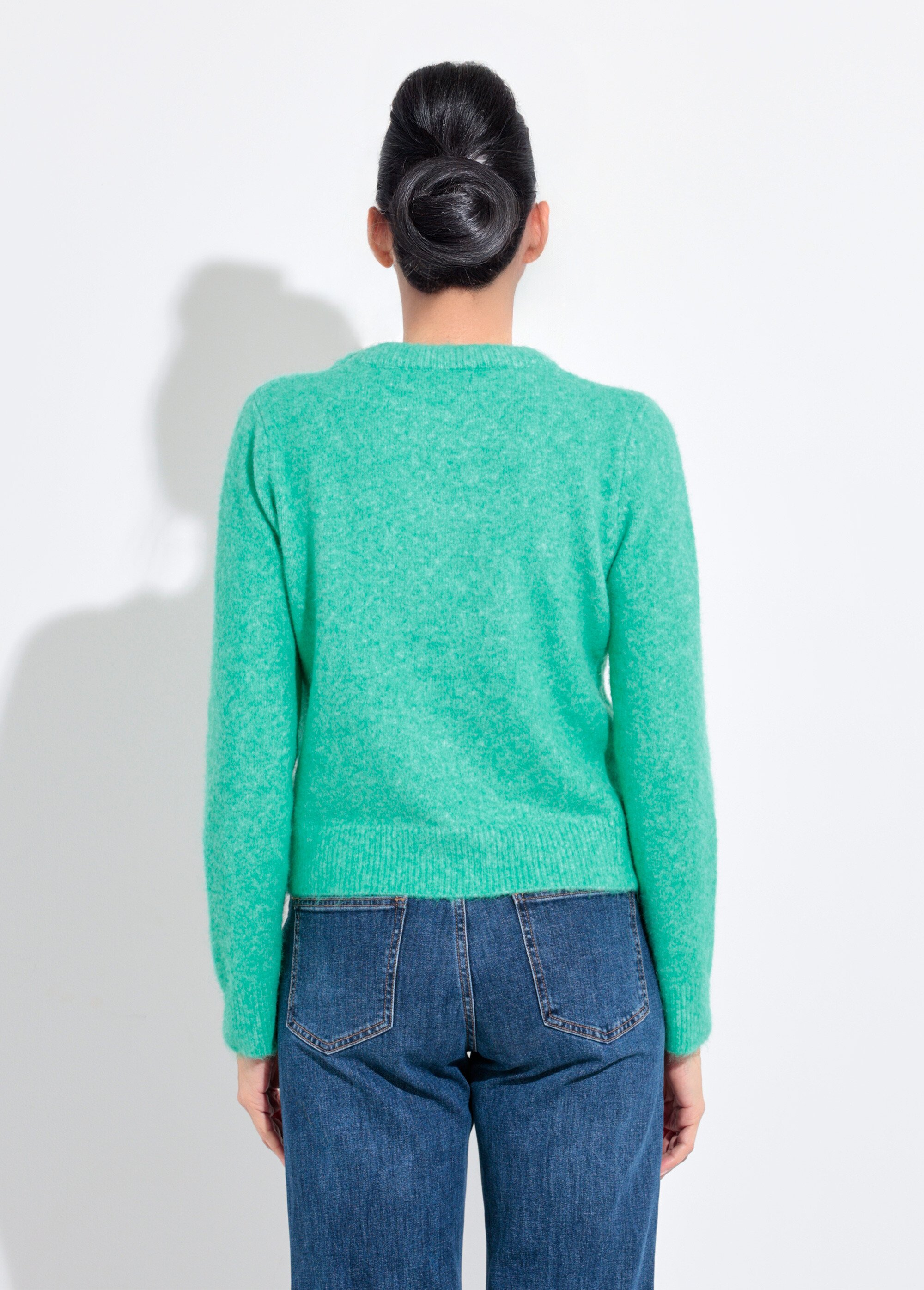 Pull col rond chaud laine duveteux Femme Vert IA-AR784 DO1