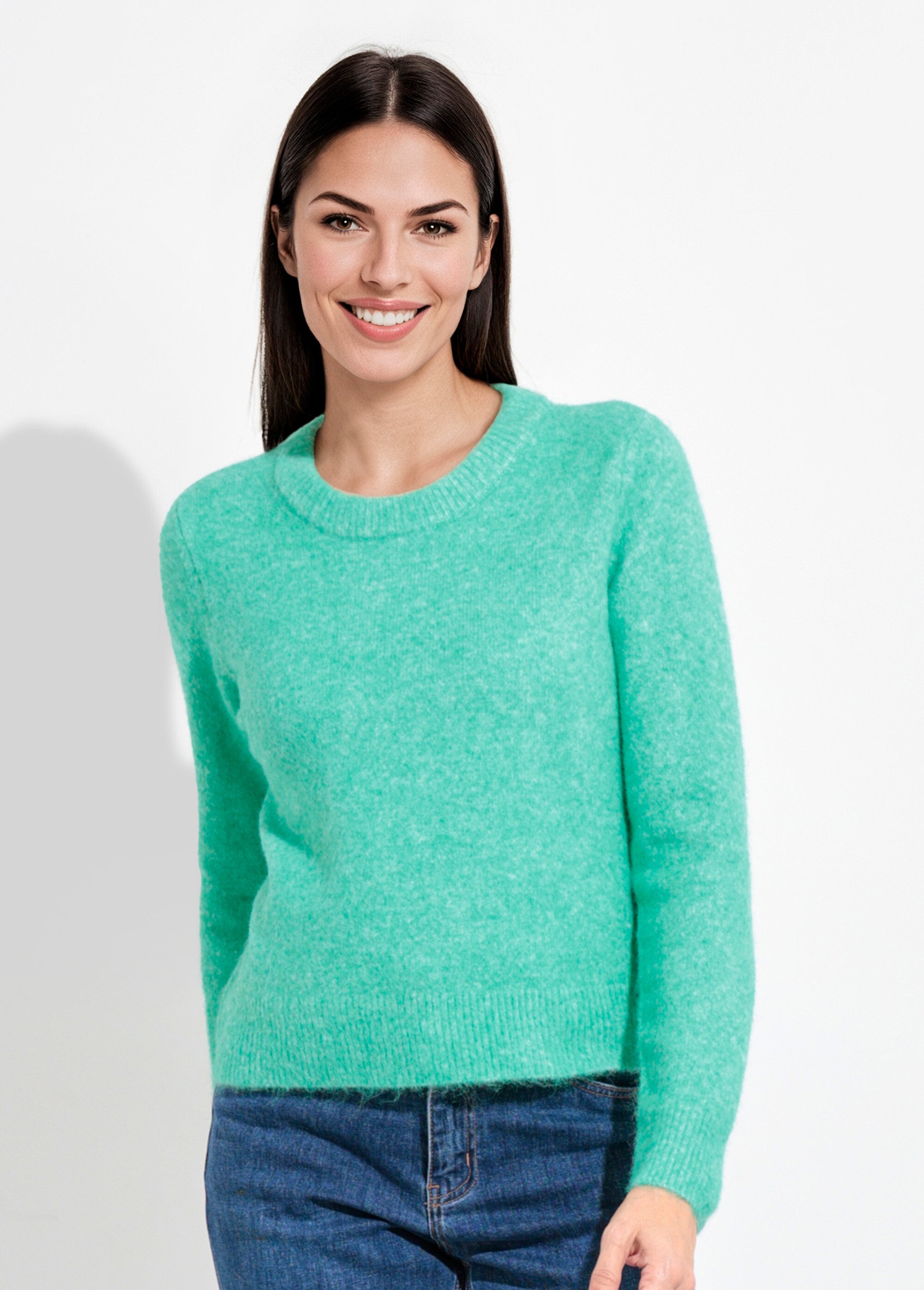 Pull col rond chaud laine duveteux Femme Vert IA-AR784 FA1