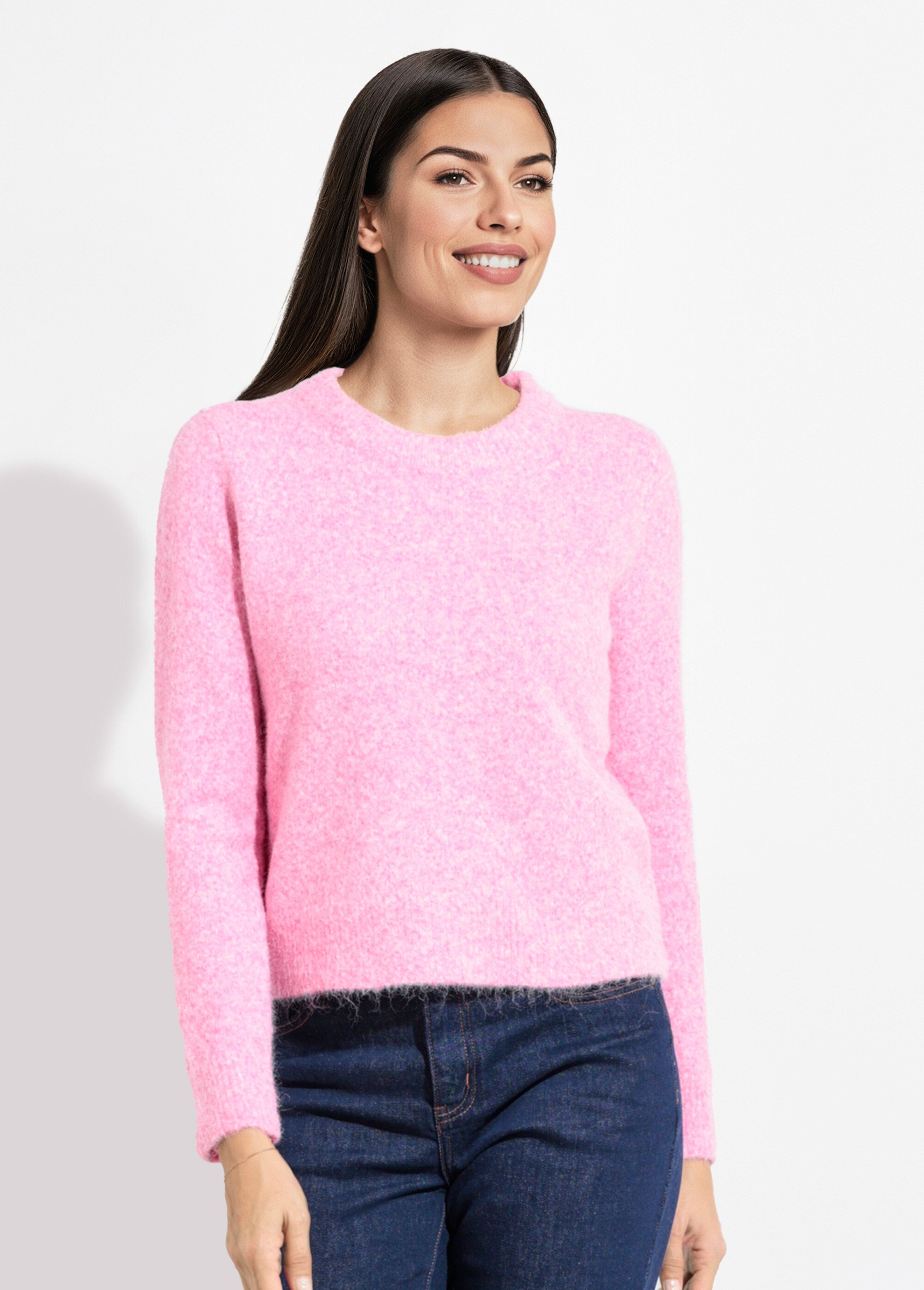 Pull col rond chaud laine duveteux Femme Rose IA-AR784 FA1