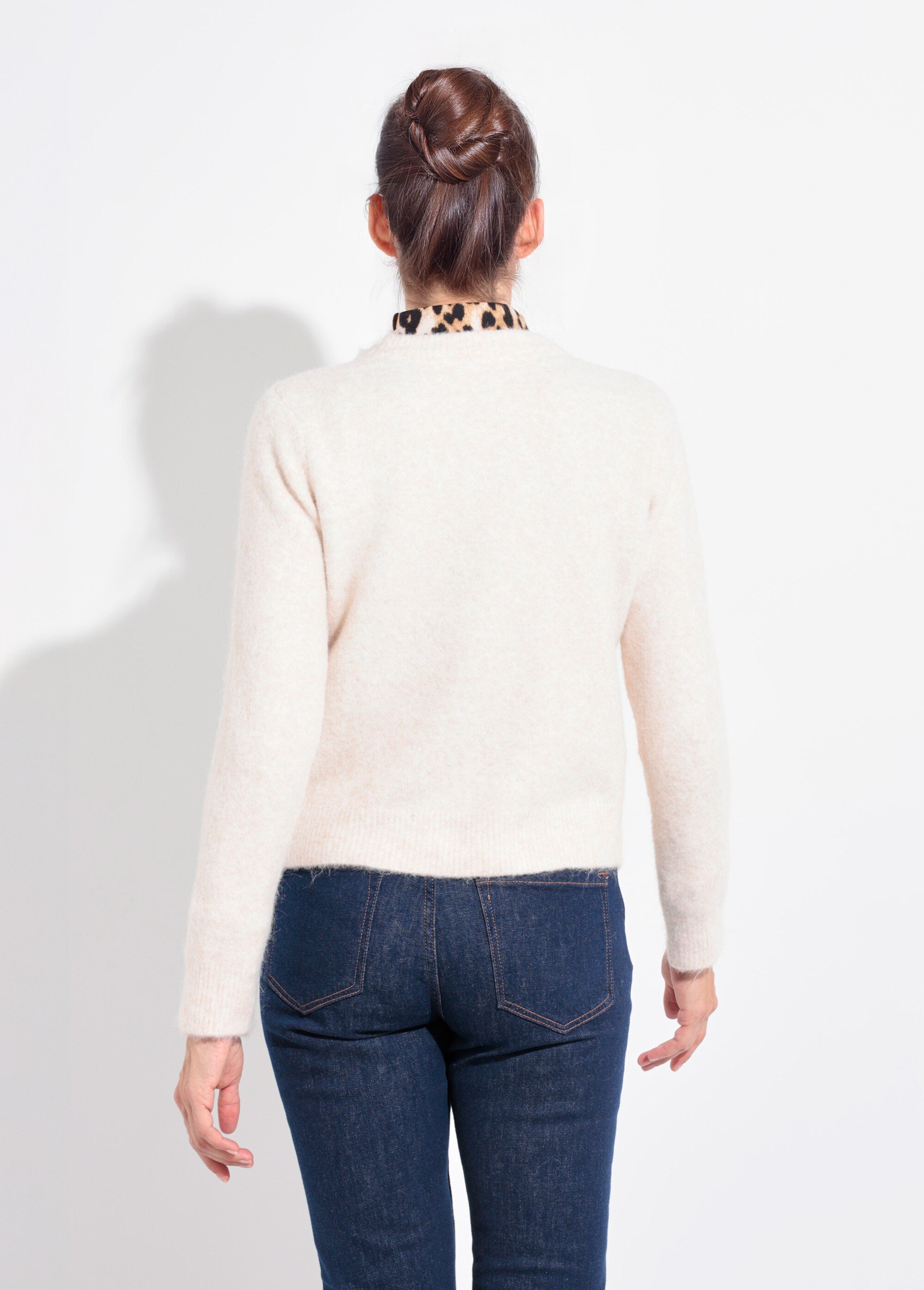 Pull col rond chaud laine duveteux Femme Beige IA-AR784 DO1