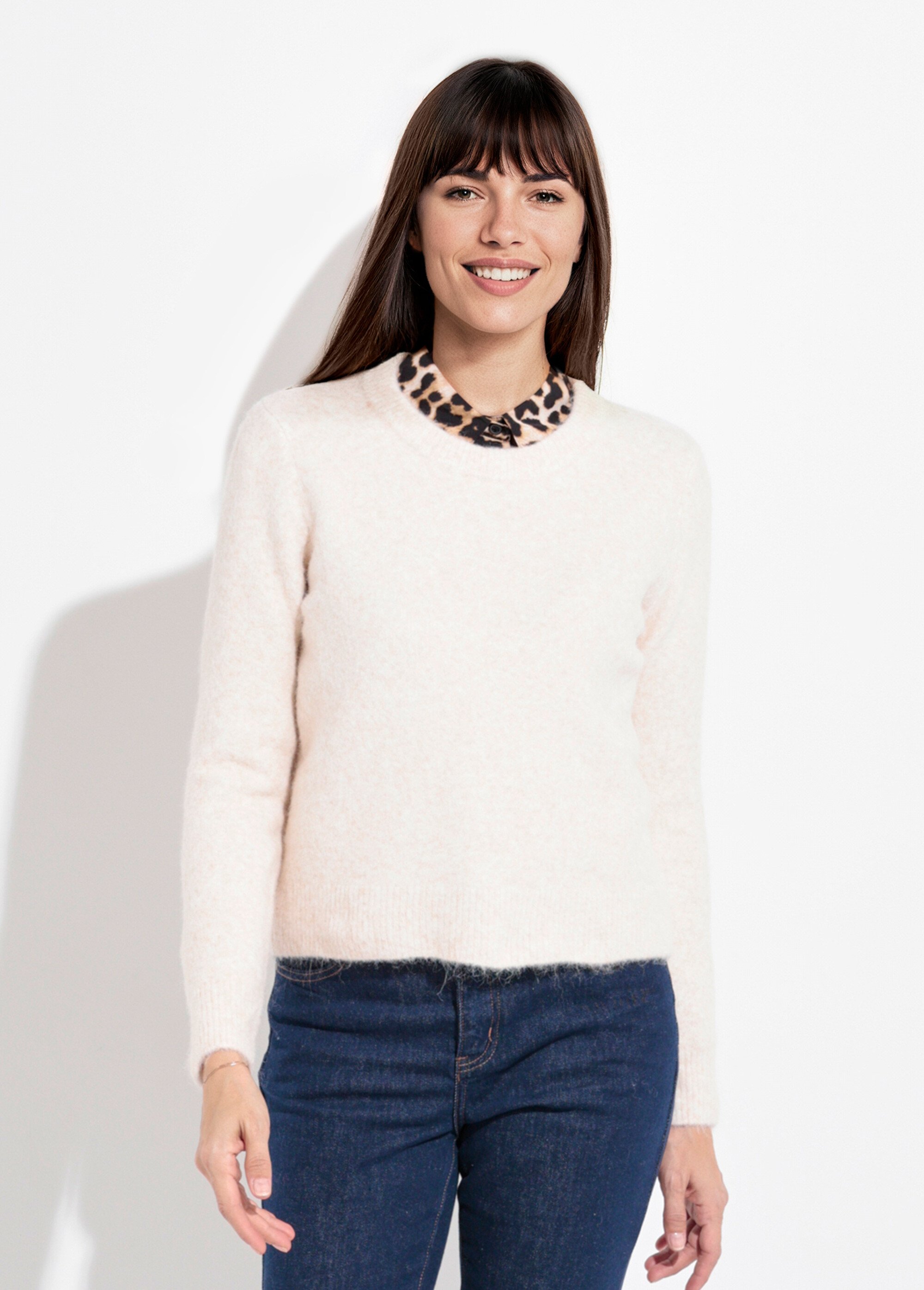 Pull col rond chaud laine duveteux Femme Beige IA-AR784 FA1