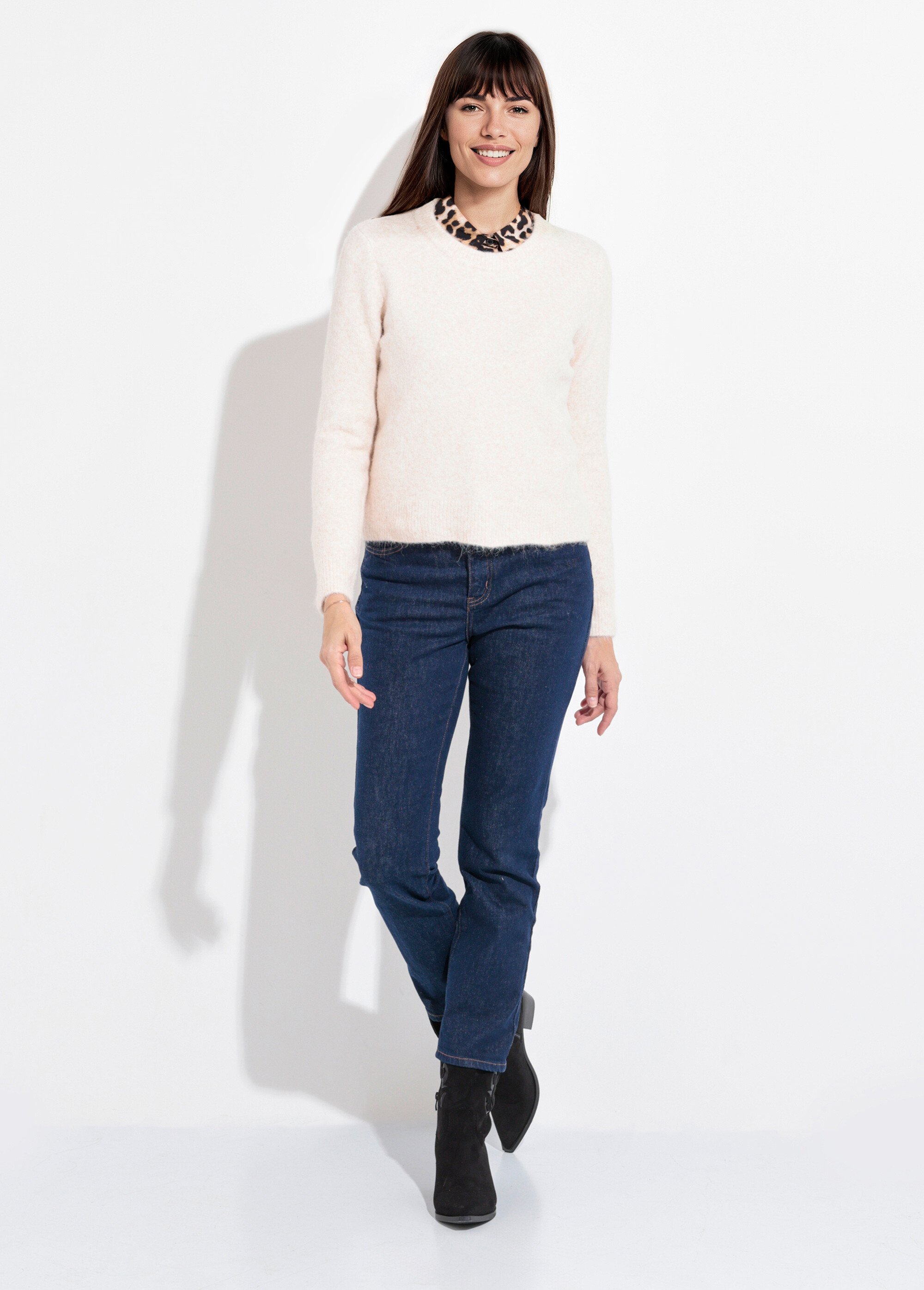 Pull col rond chaud laine duveteux Femme Beige IA-AR784 SF1