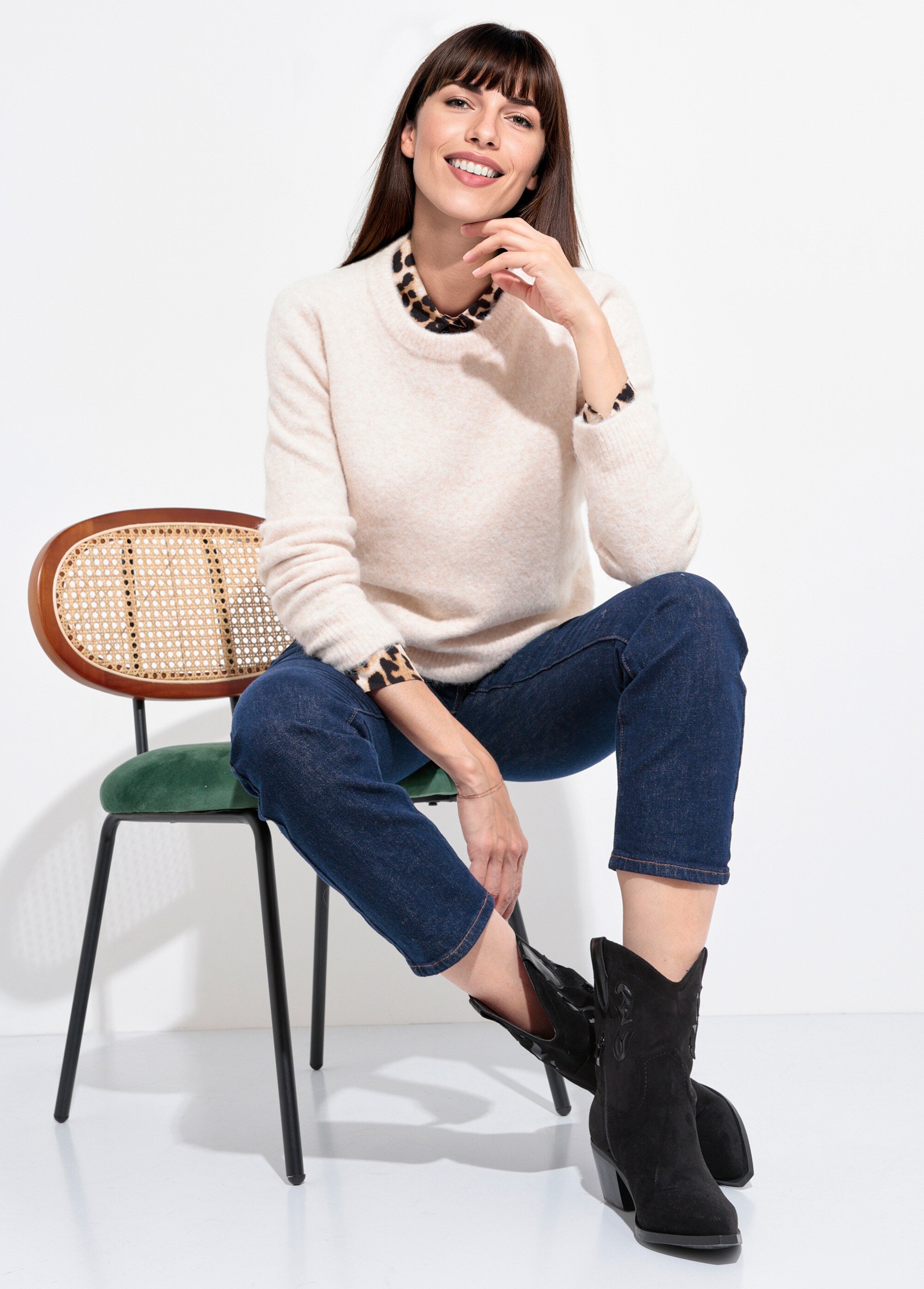 Pull col rond chaud laine duveteux Femme Beige IA-AR784 SI1