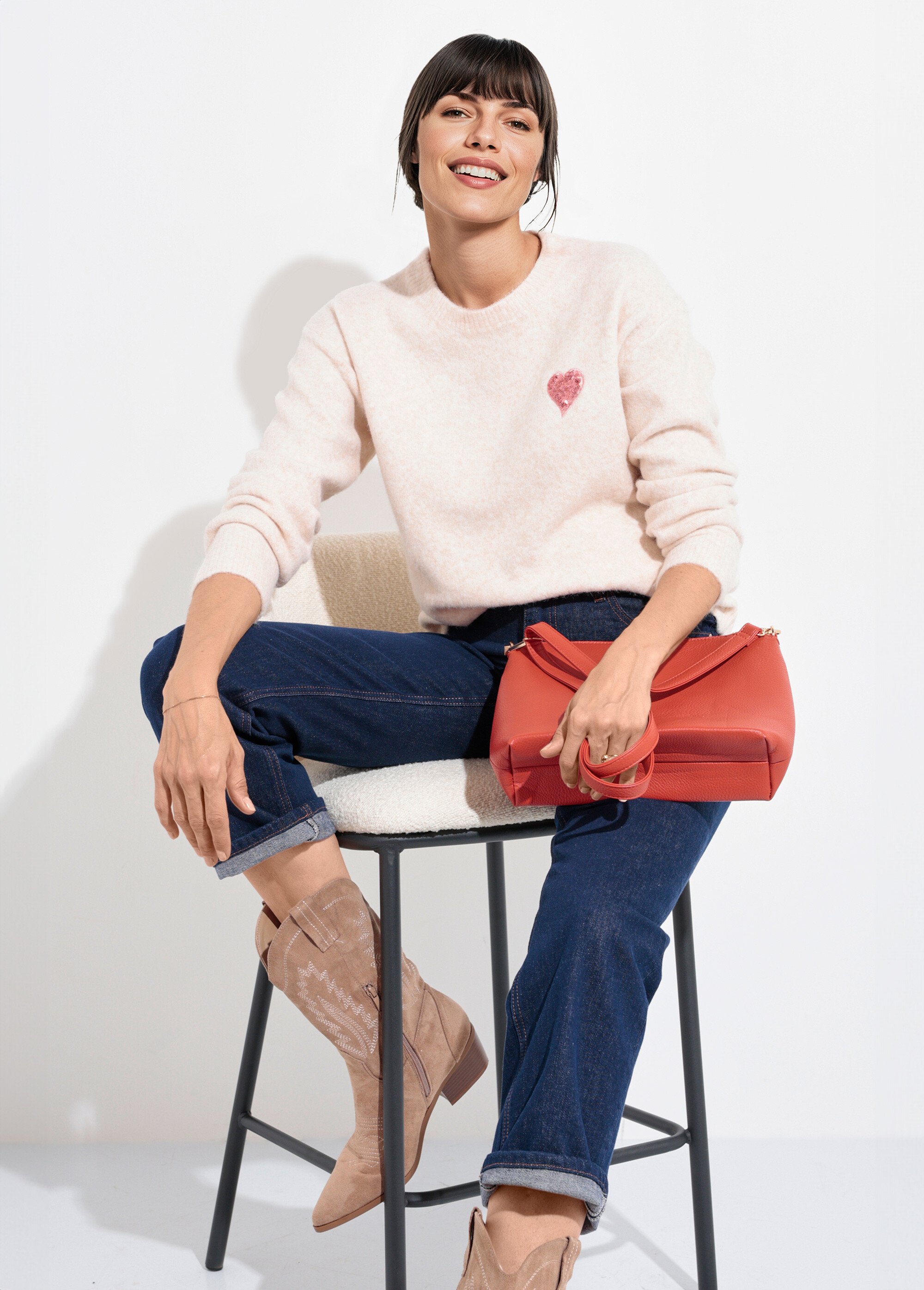 Pull col rond détail motif sequins Femme Beige IA-AR778 SI1