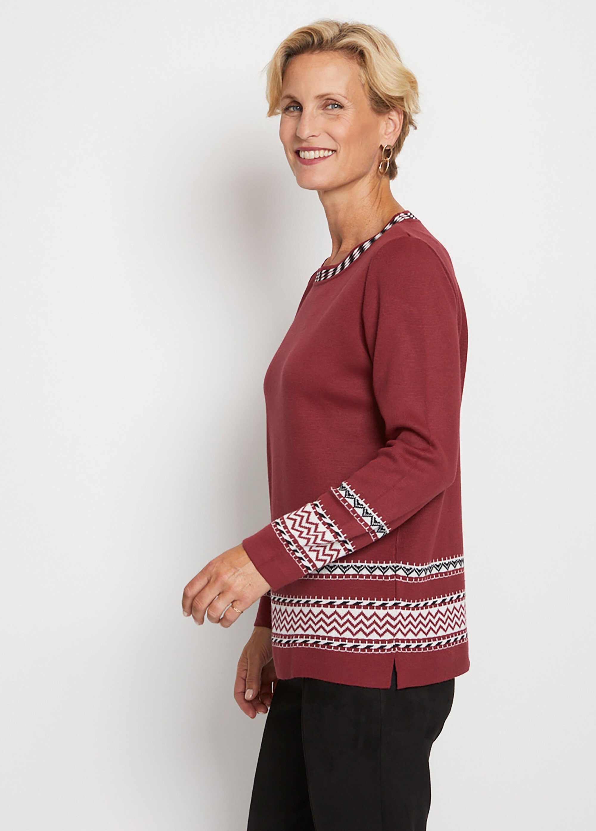Pull-tunique doux mi-long jacquard col rond Femme Rouge PLESCOP DR1