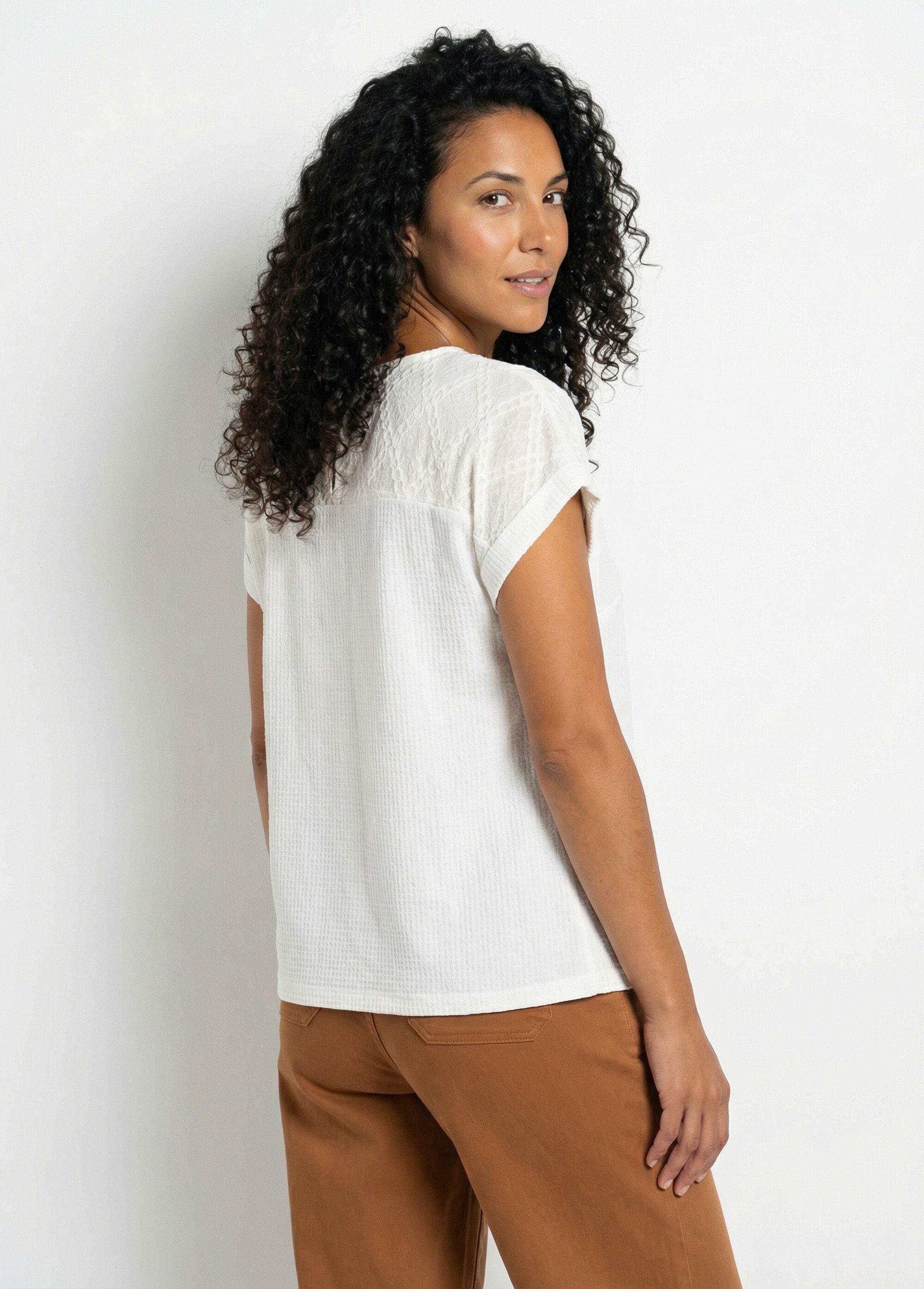 T-shirt bi-matière maille gaufrée tissu brodé Femme Blanc CLAVIUS DO1