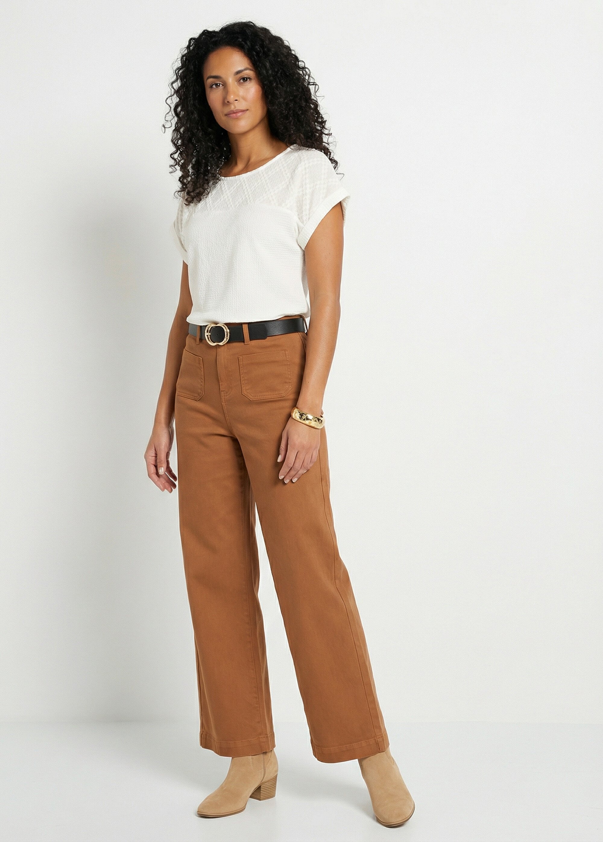 T-shirt bi-matière maille gaufrée tissu brodé Femme Blanc CLAVIUS SF1