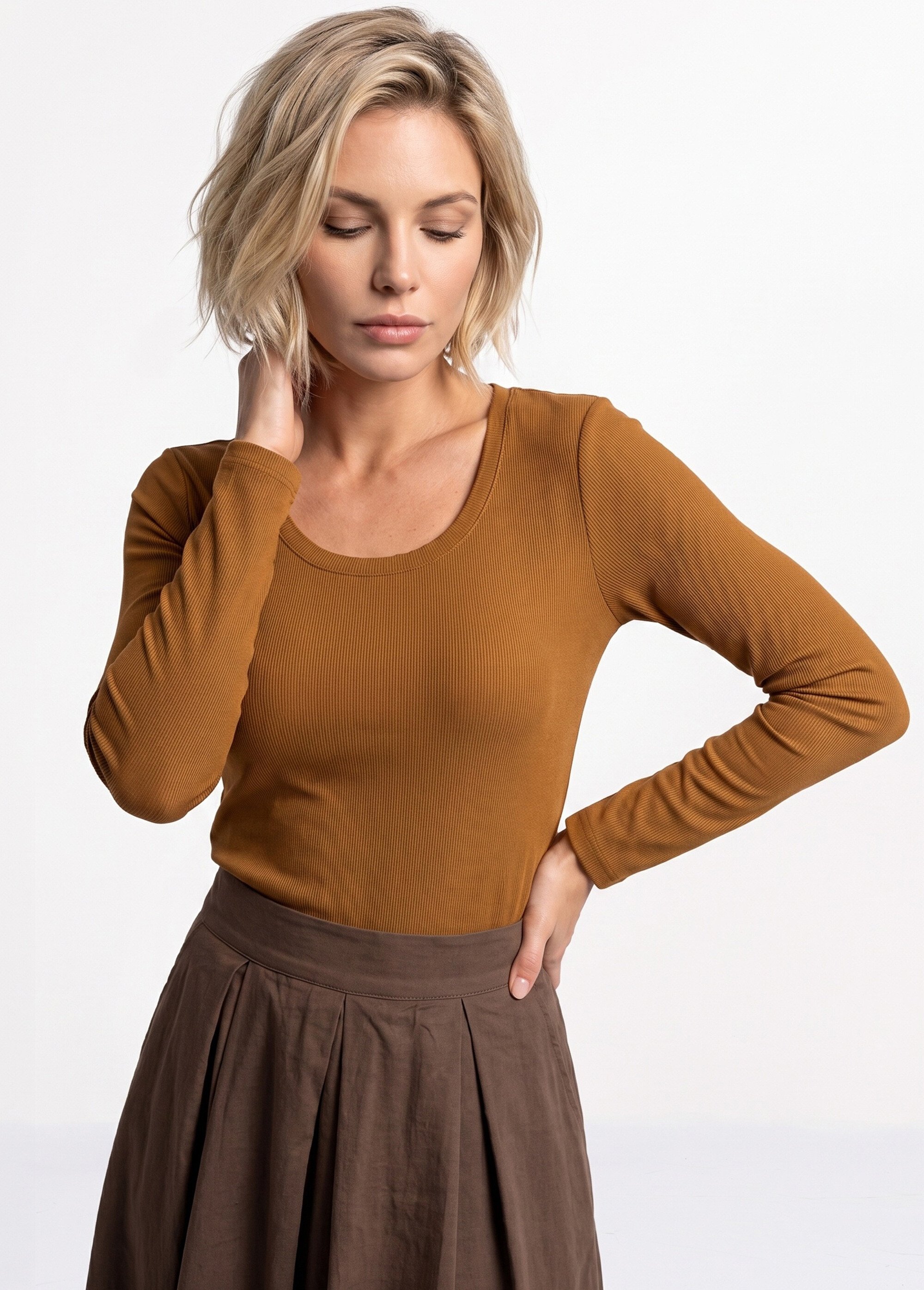 T-shirt manches longues col danseuse Femme Marron IA-R7097 MV1