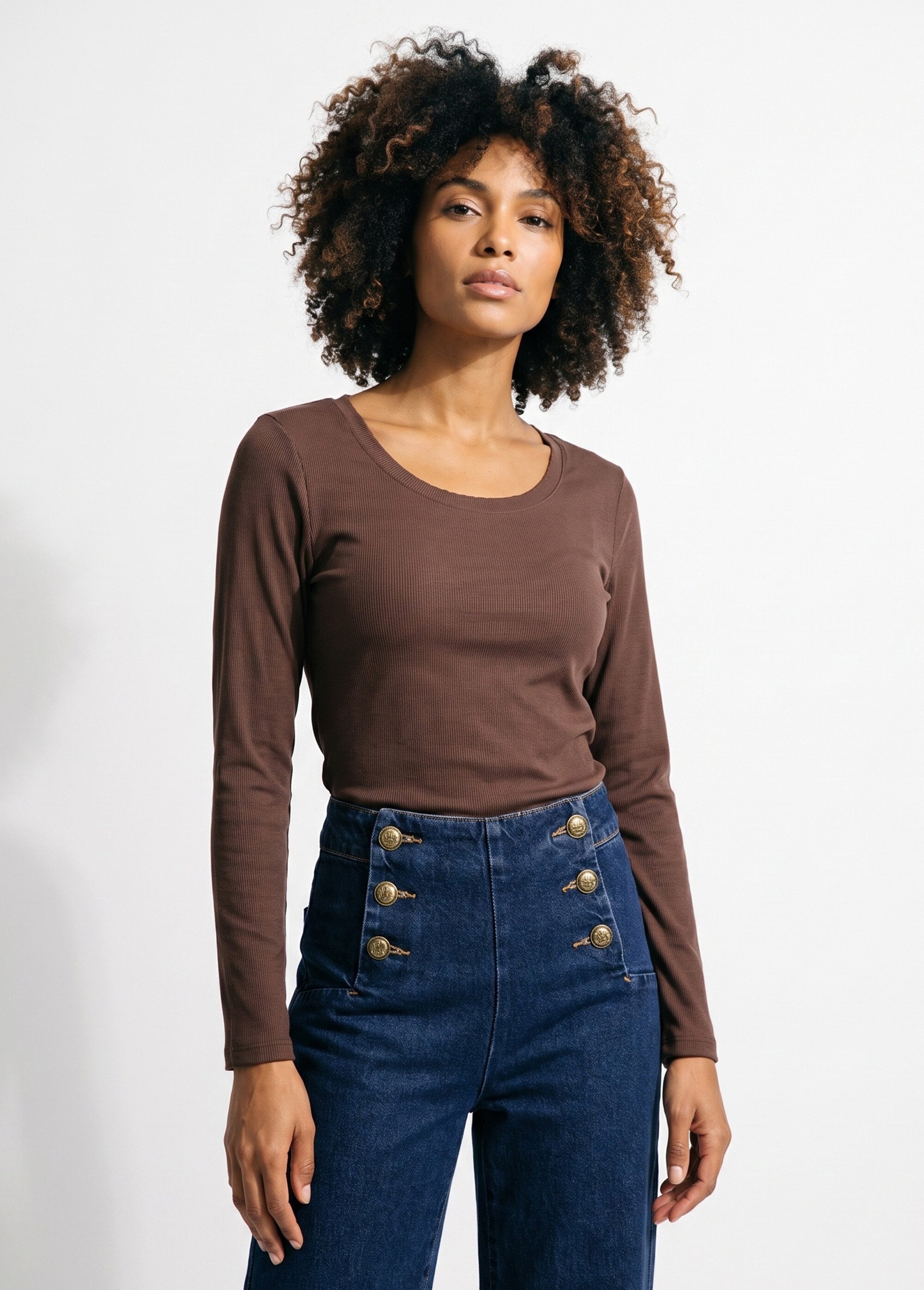 T-shirt manches longues col danseuse Femme Marron IA-R7097 FA1