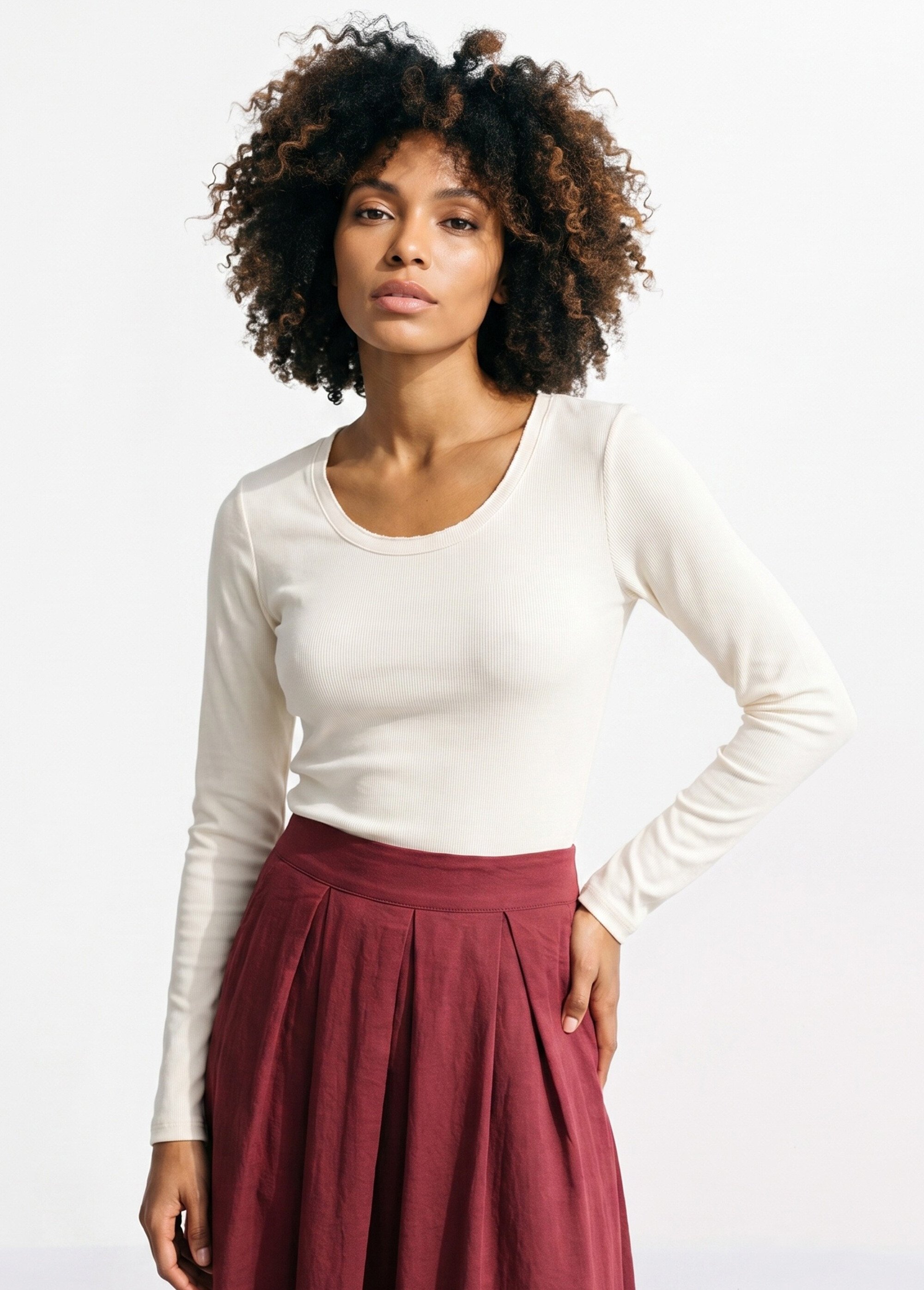 T-shirt manches longues col danseuse Femme Beige IA-R7097 FA1
