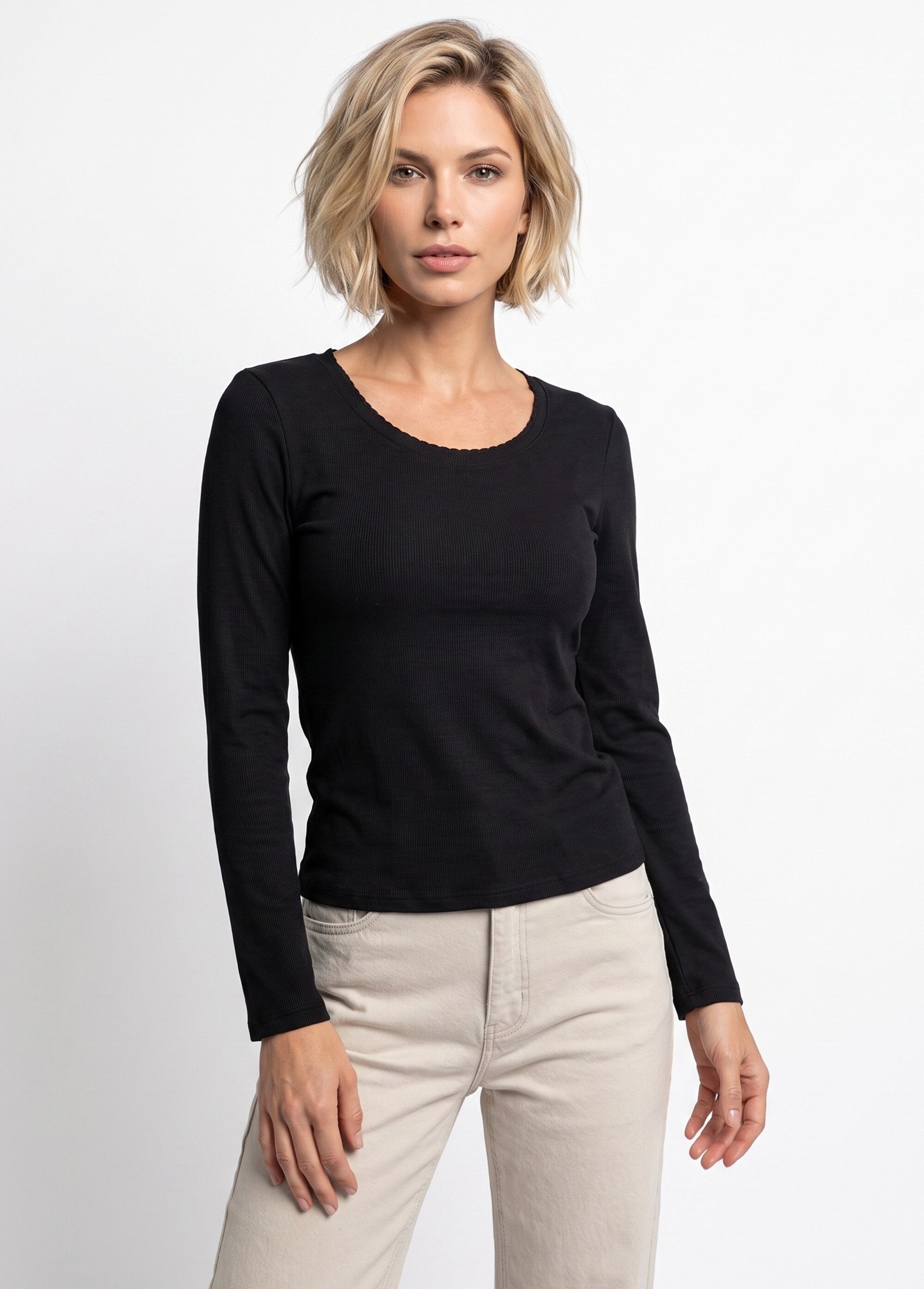 T-shirt manches longues col danseuse Femme Noir IA-R7097 FA1