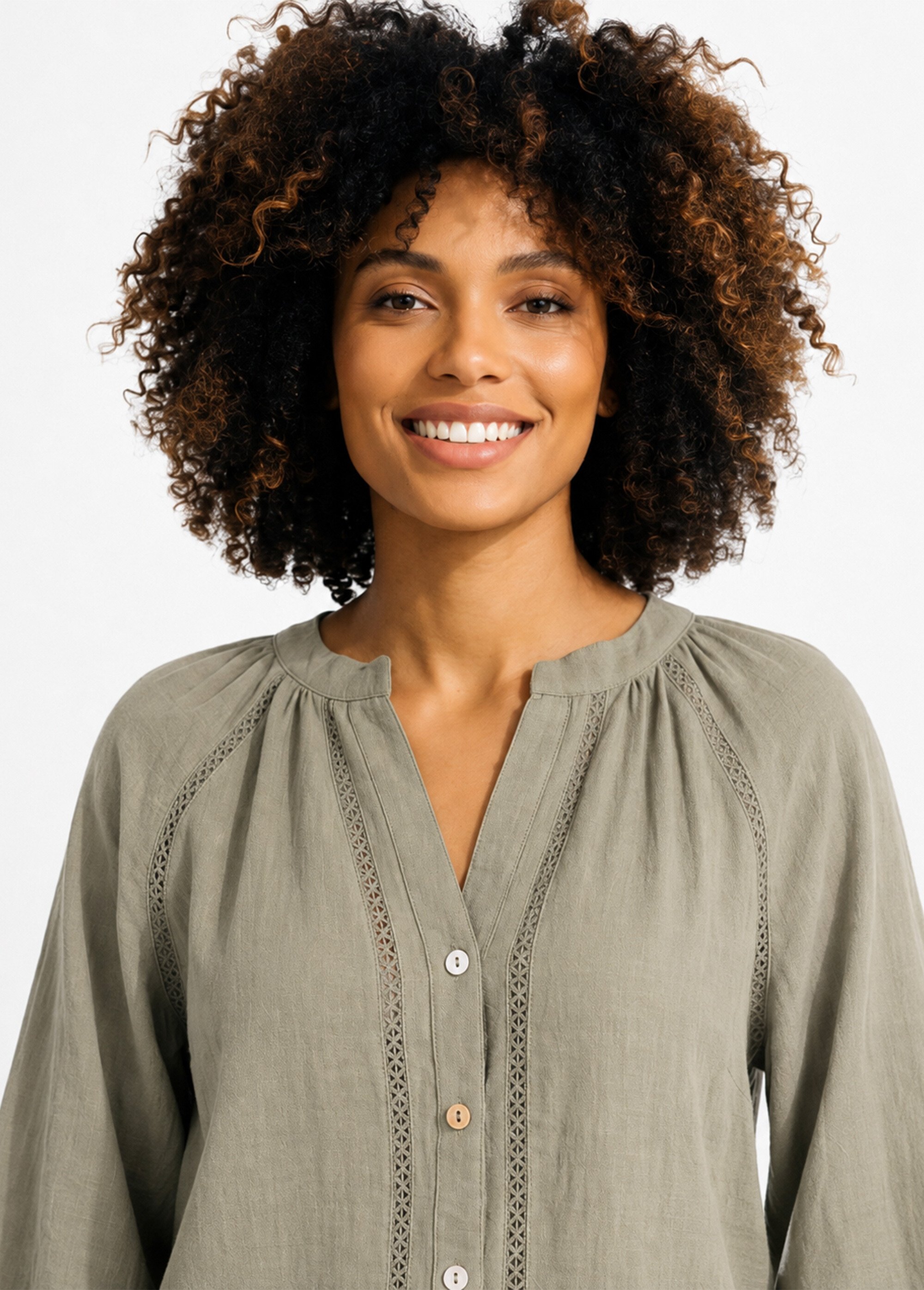 Tunique col V boutonnée, détails macramé Femme Vert IA-Q3256 DE1