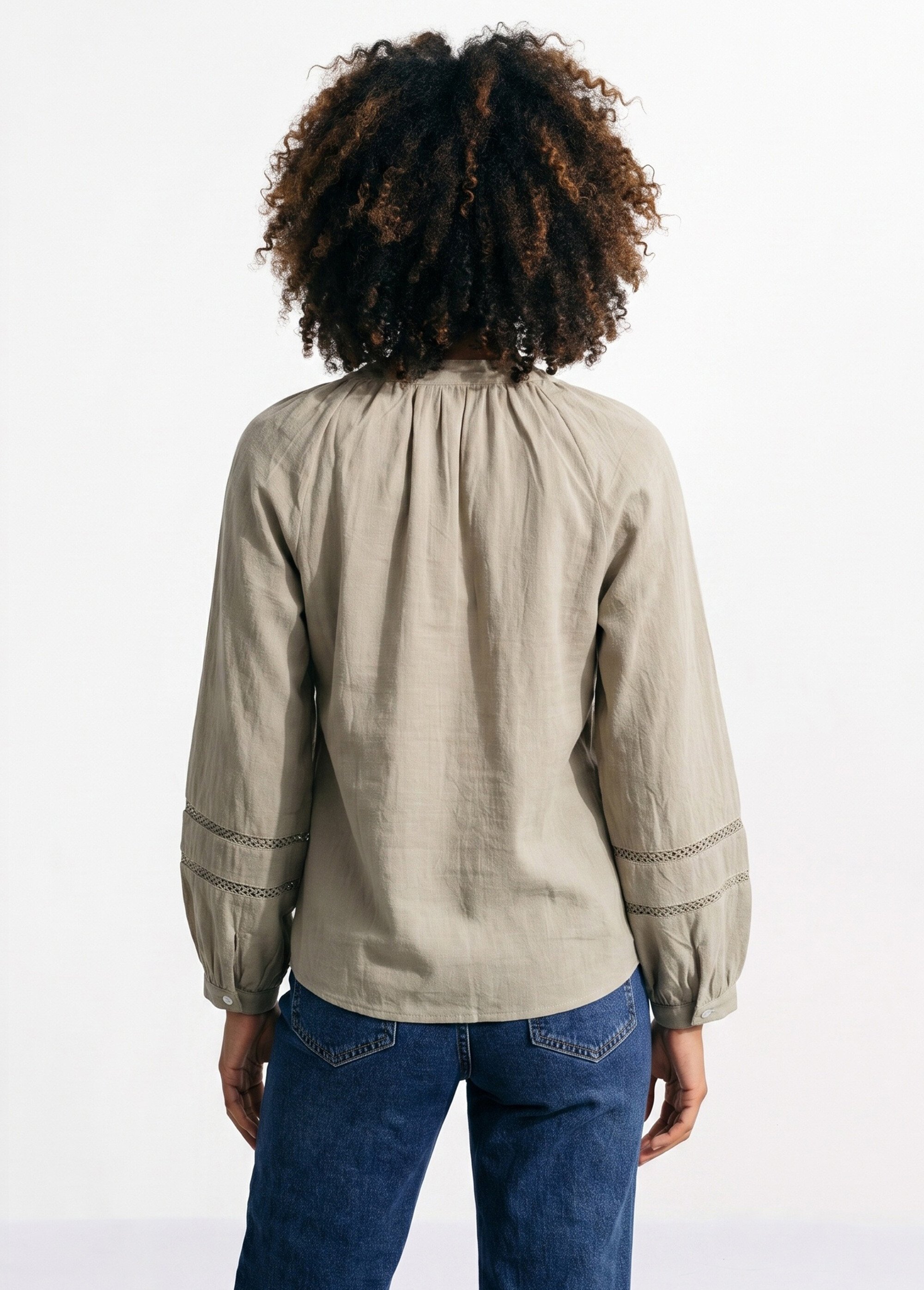Tunique col V boutonnée, détails macramé Femme Vert IA-Q3256 DO1