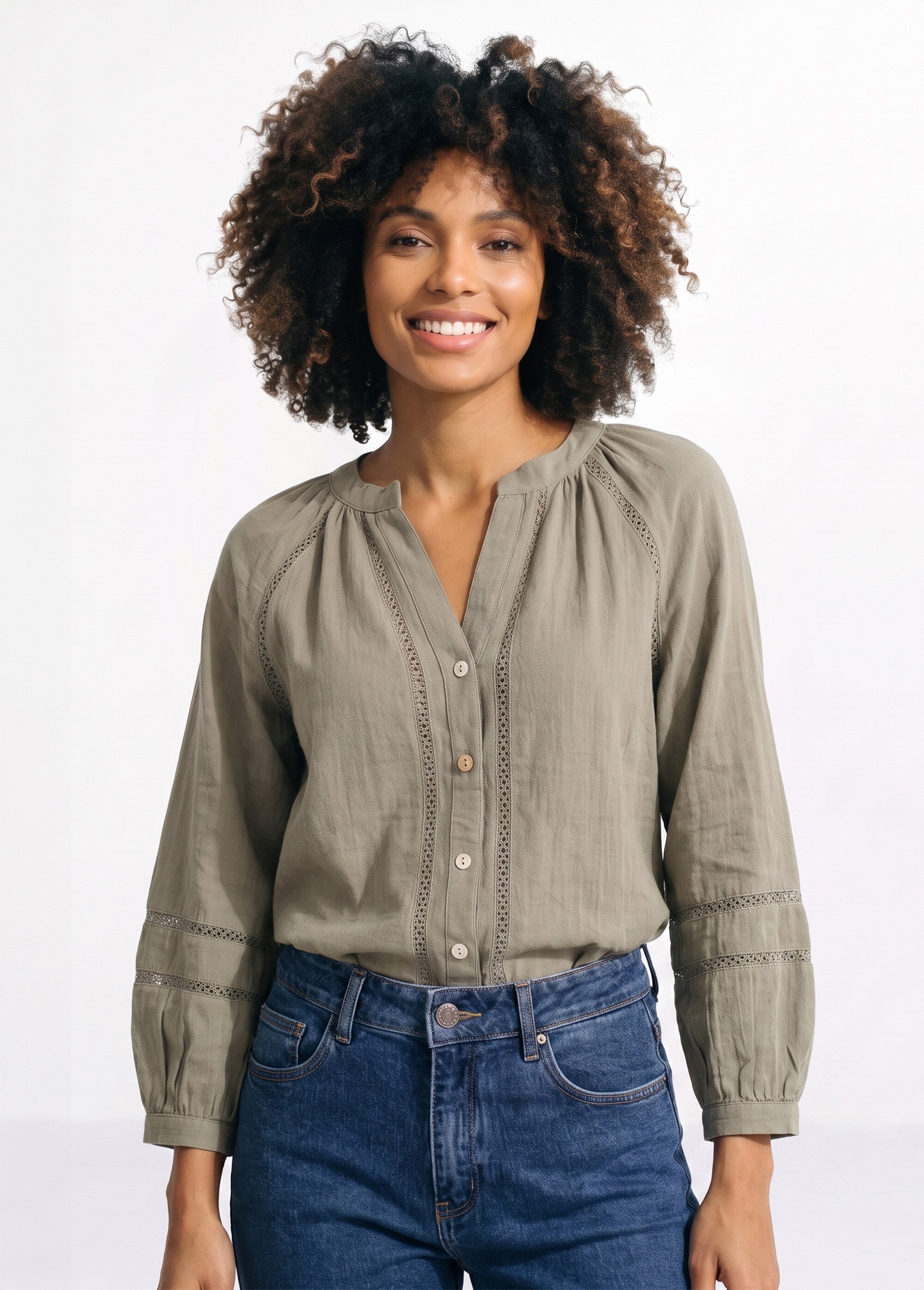 Tunique col V boutonnée, détails macramé Femme Vert IA-Q3256 FA1