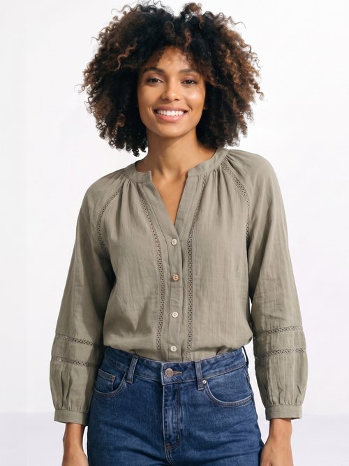 Tunique col V boutonnée, détails macramé Femme Vert IA-Q3256 FA1