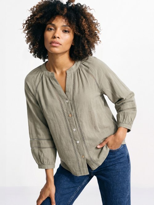 Tunique col V boutonnée, détails macramé Femme Vert IA-Q3256 MV1
