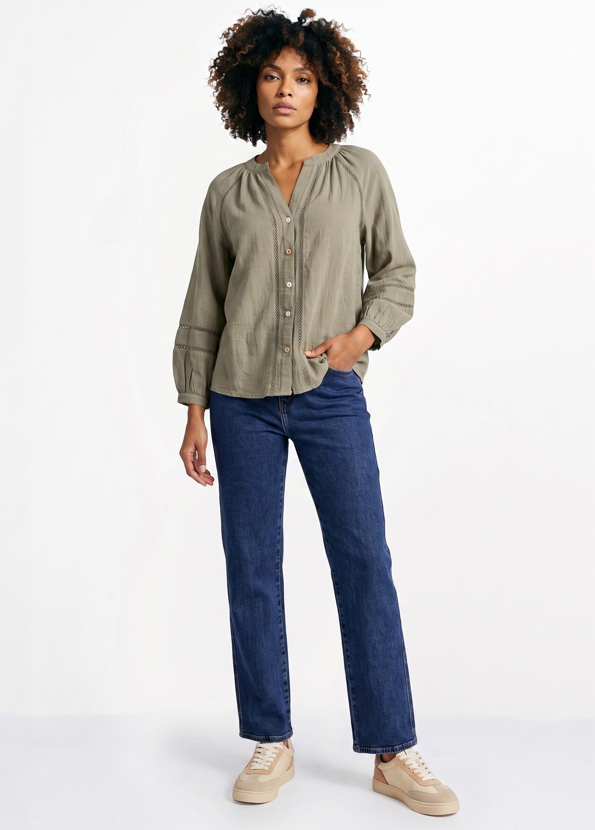 Tunique col V boutonnée, détails macramé Femme Vert IA-Q3256 SI1