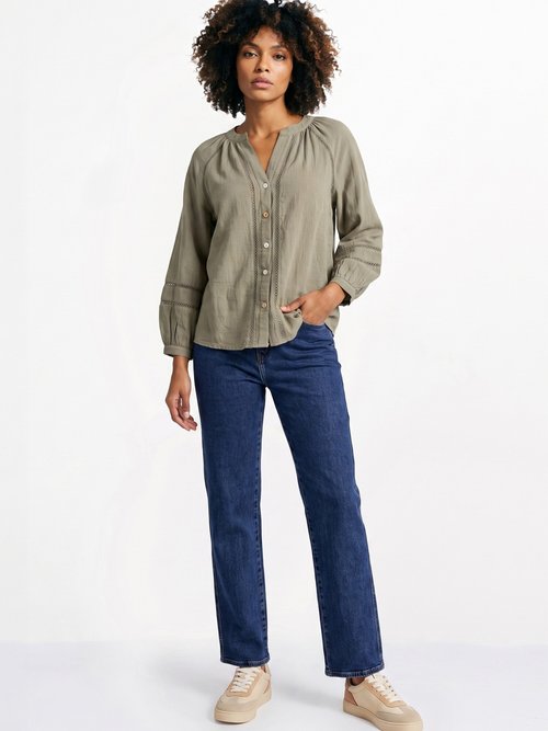 Tunique col V boutonnée, détails macramé Femme Vert IA-Q3256 SI1