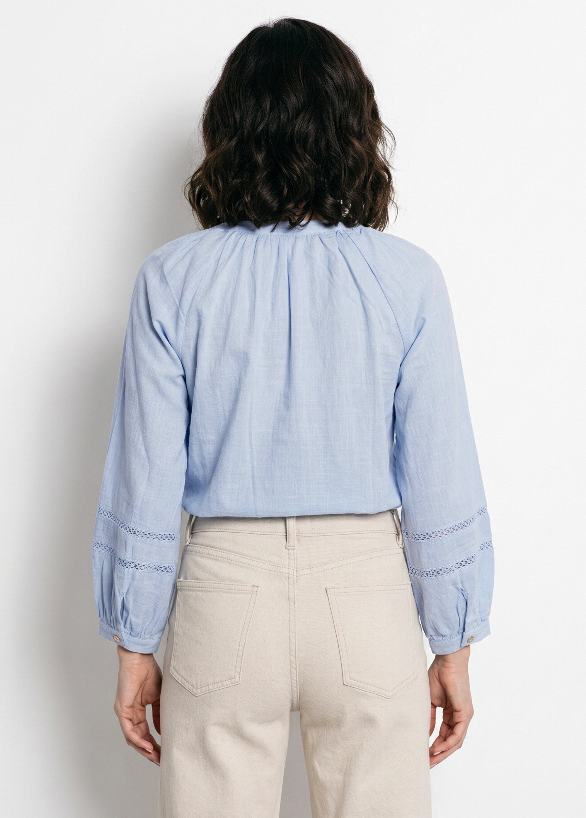 Tunique col V boutonnée, détails macramé Femme Bleu IA-Q3256 DO1