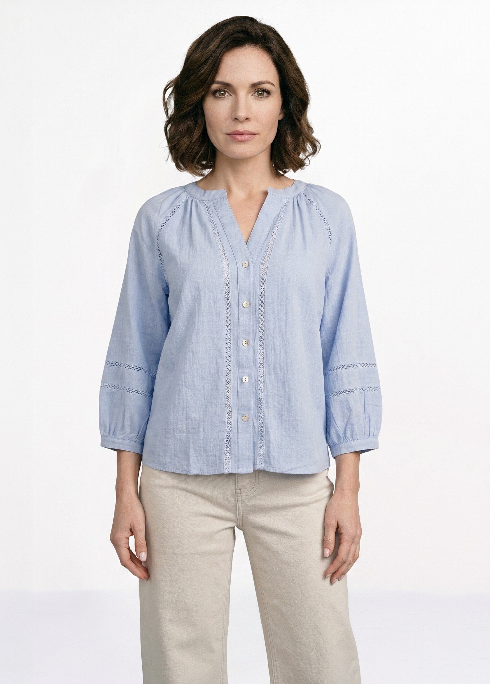 Tunique col V boutonnée, détails macramé Femme Bleu IA-Q3256 FA1