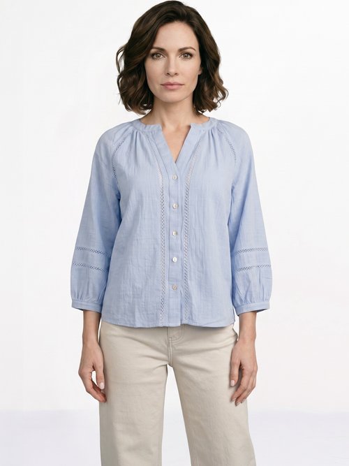 Tunique col V boutonnée, détails macramé Femme Bleu IA-Q3256 FA1