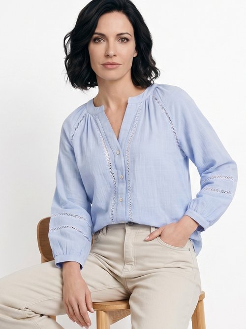 Tunique col V boutonnée, détails macramé Femme Bleu IA-Q3256 MV1