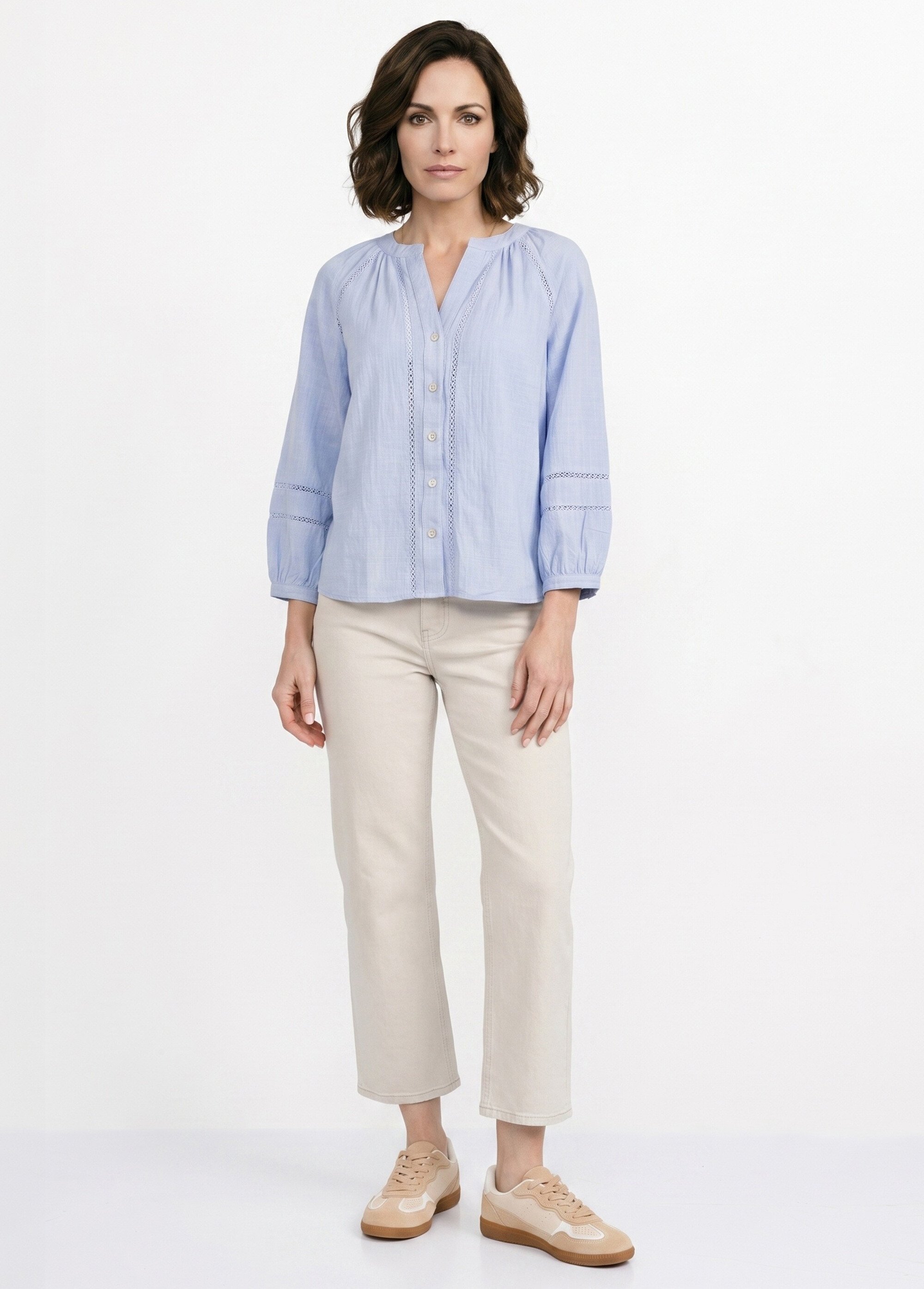 Tunique col V boutonnée, détails macramé Femme Bleu IA-Q3256 SI1