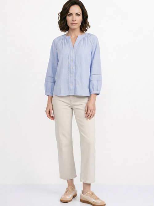 Tunique col V boutonnée, détails macramé Femme Bleu IA-Q3256 SI1
