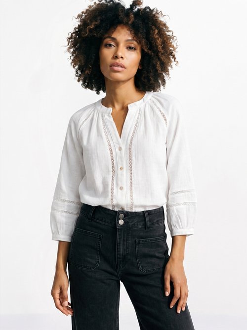Tunique col V boutonnée, détails macramé Femme Blanc IA-Q3256 FA1