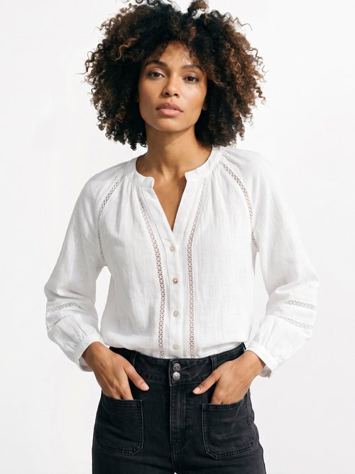 Tunique col V boutonnée, détails macramé Femme Blanc IA-Q3256 MV1