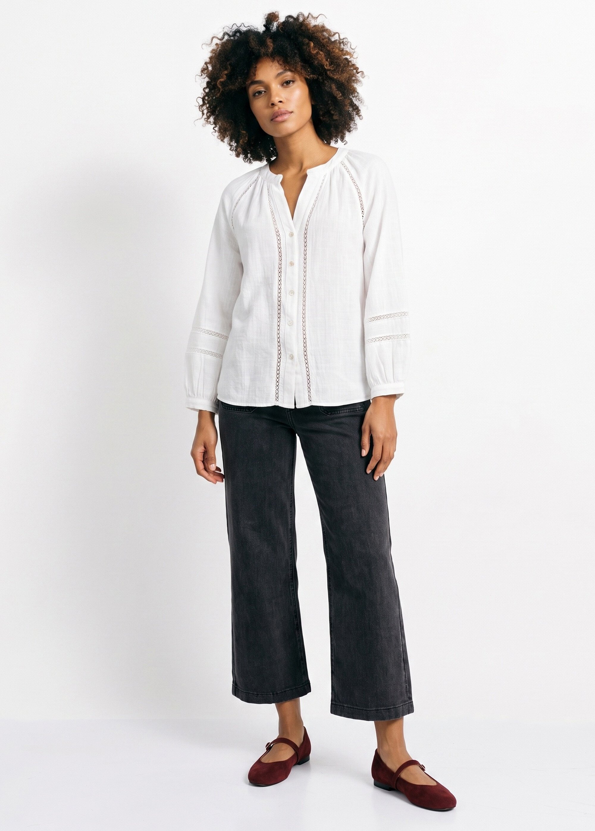 Tunique col V boutonnée, détails macramé Femme Blanc IA-Q3256 SI1
