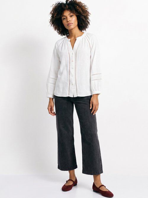 Tunique col V boutonnée, détails macramé Femme Blanc IA-Q3256 SI1