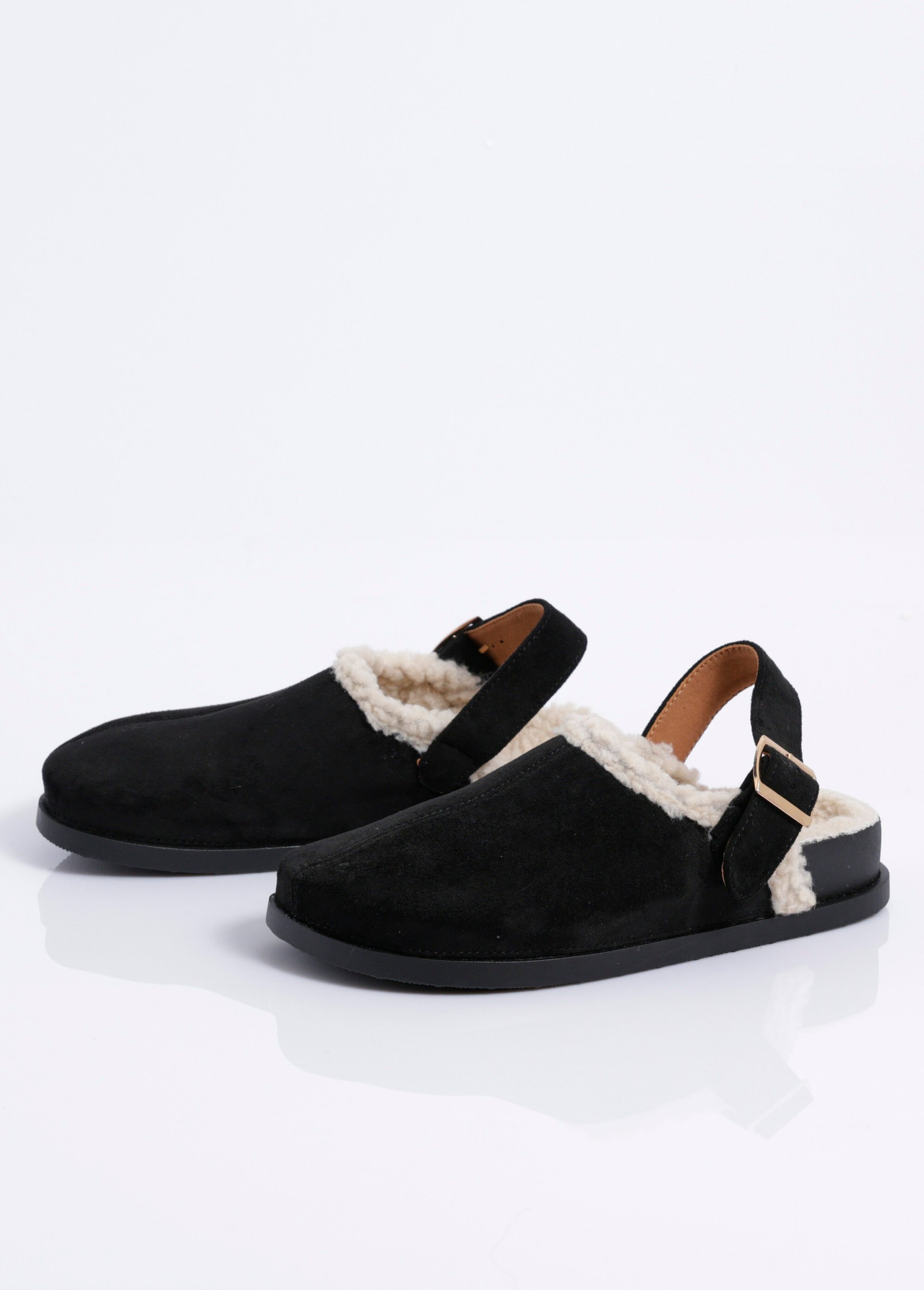 Mules fourrées en suédine, bride talon