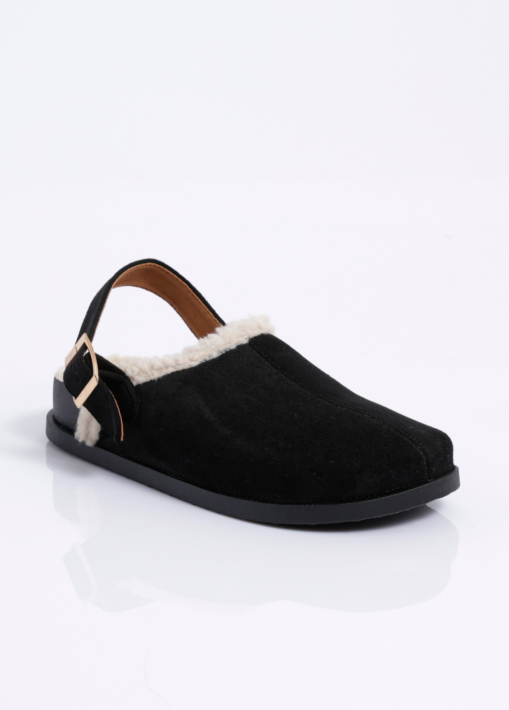 Mules fourrées en suédine, bride talon Femme Noir JOIH8-978C FA1