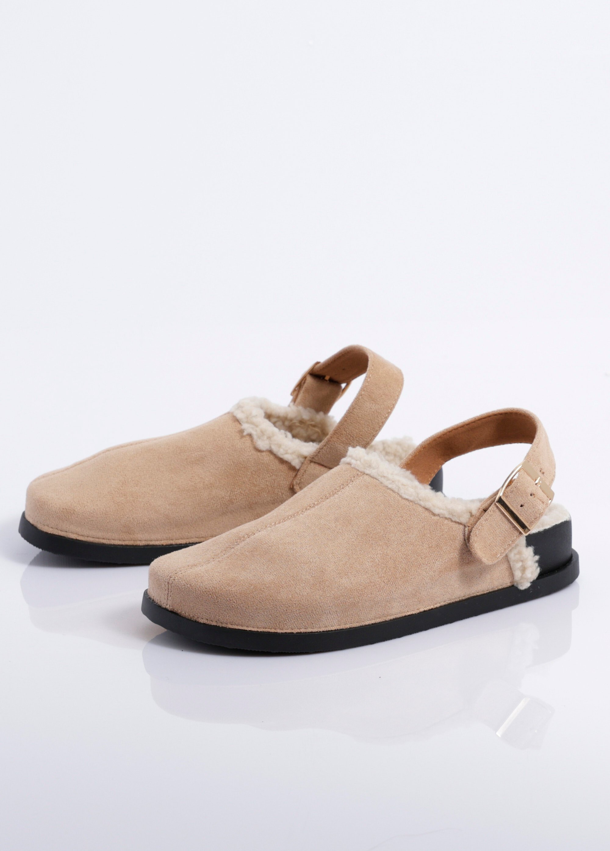 Mules fourrées en suédine, bride talon
