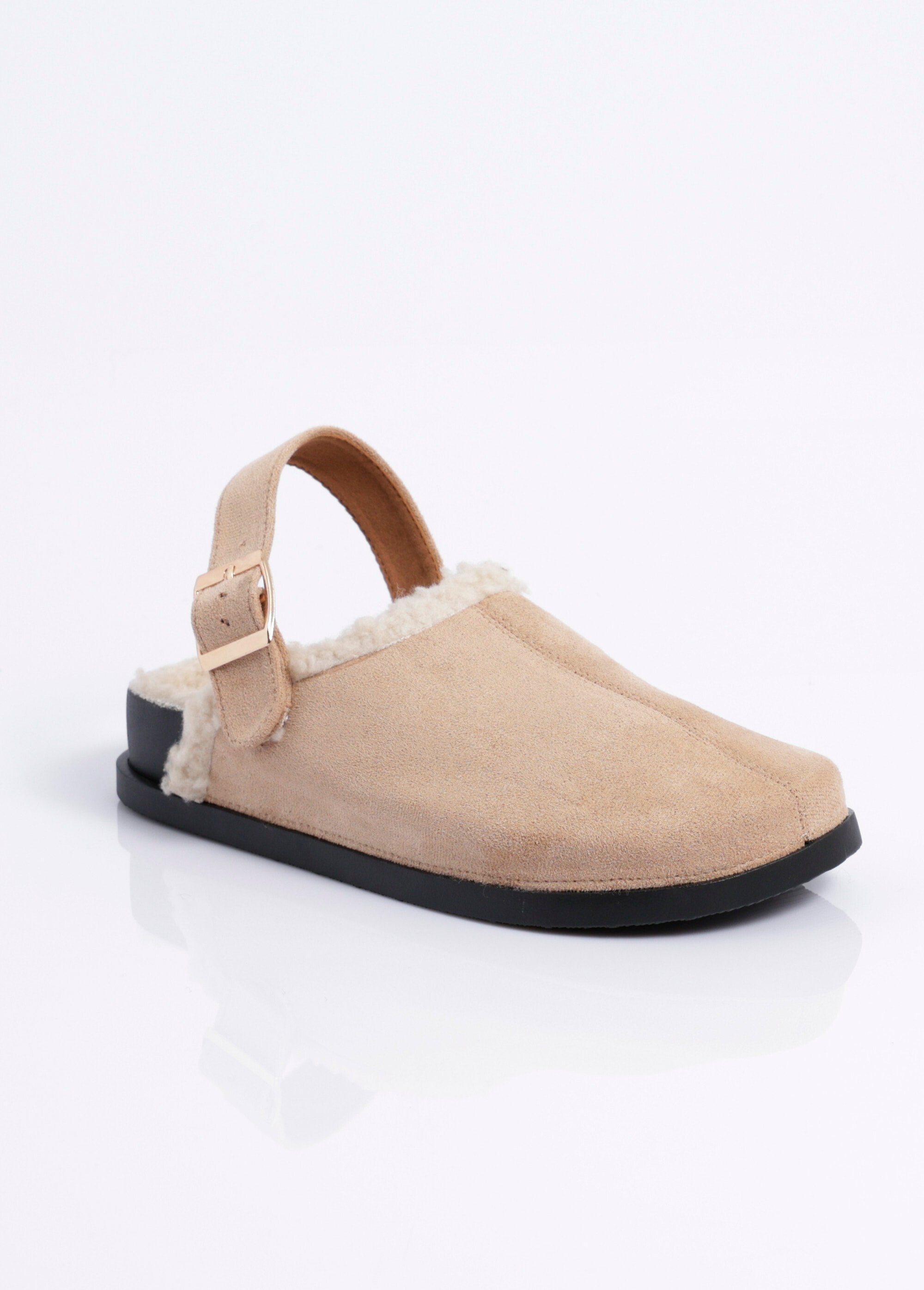 Mules fourrées en suédine, bride talon