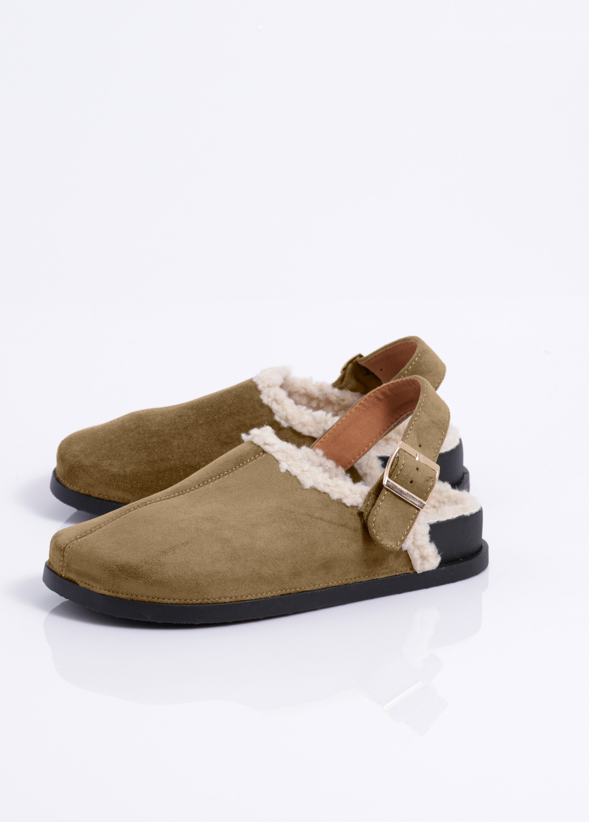 Mules fourrées en suédine, bride talon Femme Vert JOIH8-978C DE1